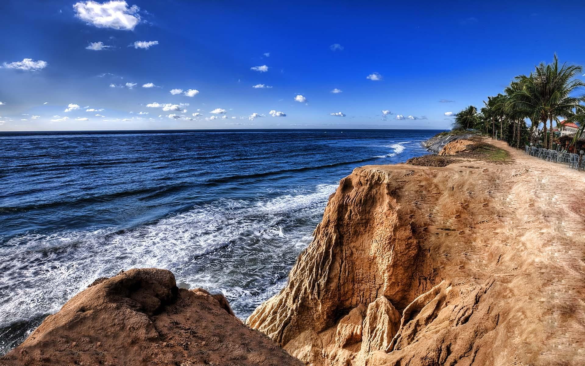 wave, trees, holidays, vacation, blue, 1080P, beach, 3d and abstract, cafe, HD Wallpaper