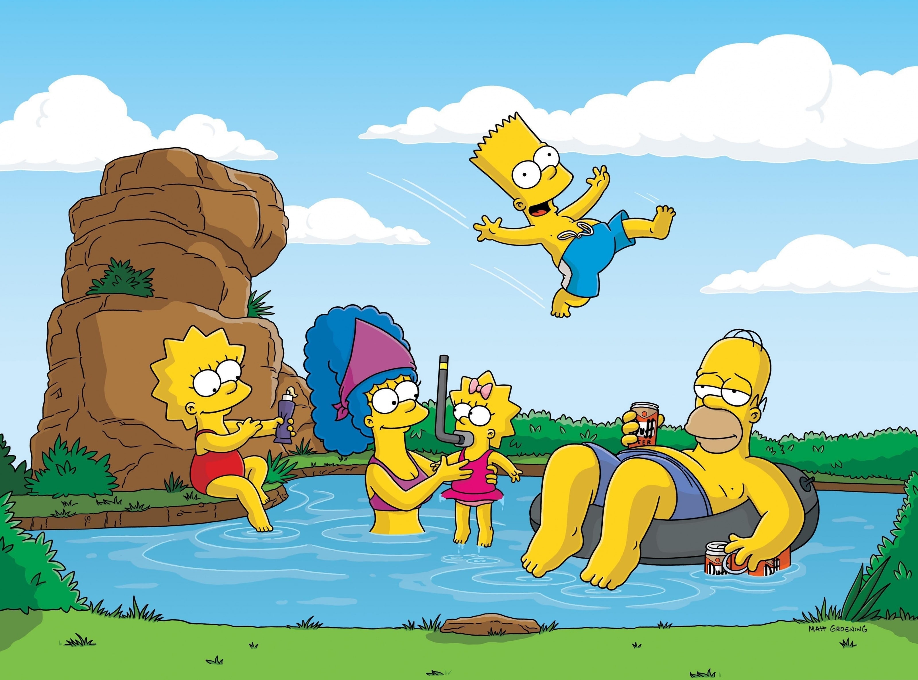 The Simpsons, cloud - sky, representation, group of people, illustration, multi colored, day, land, animal themes, Vacation, animal, 2K, animal representation, HD Wallpaper