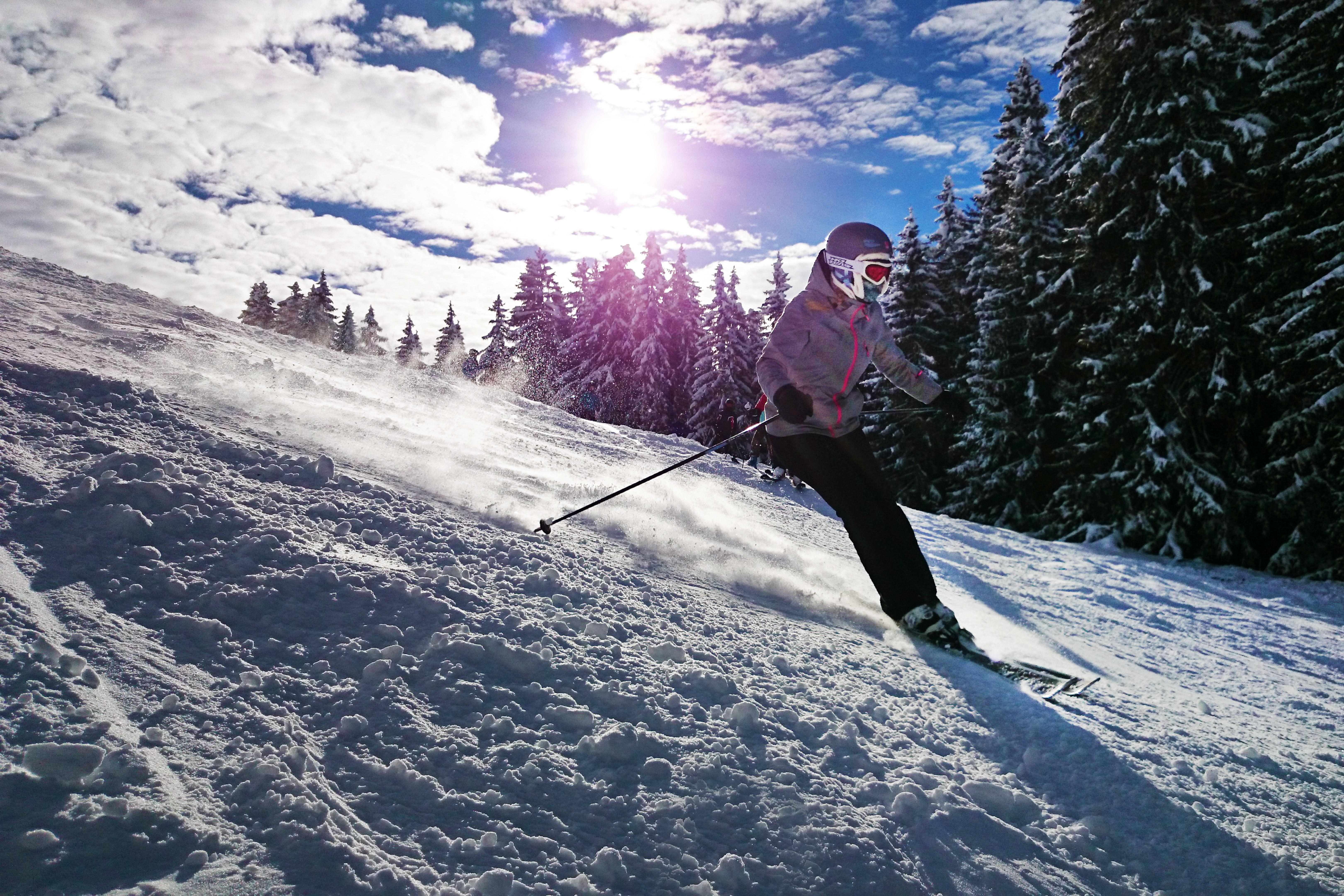 skier, fun, one person, lifestyles, poles, tree, full length, helmet, action, lesson, vacation, sun, austria, ski, mountain, sky, 5K, girl, school, extreme Sports, HD Wallpaper