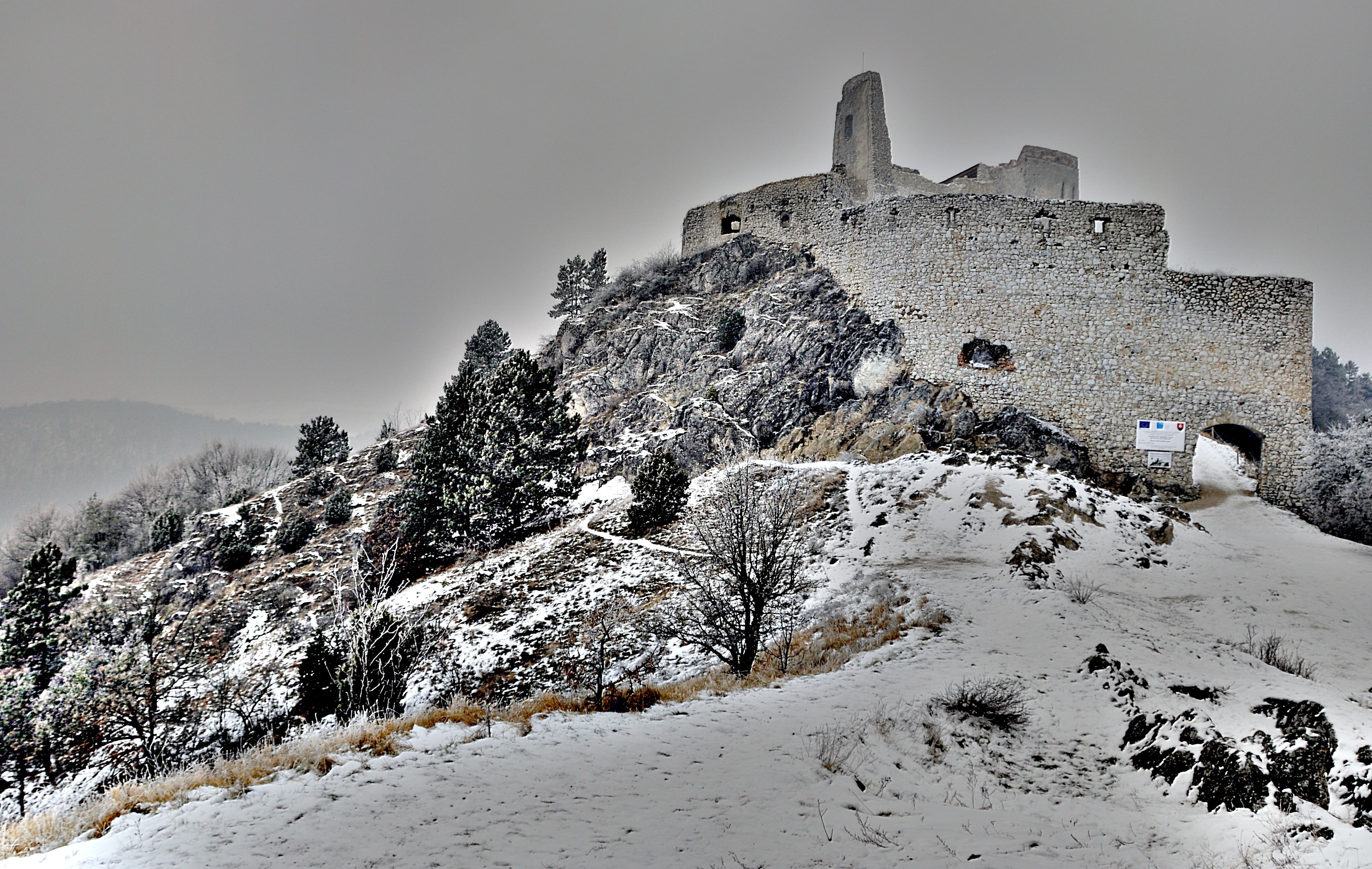 castle, hills, cold temperature, outdoors, architecture, history, building exterior, plant, sky, snow, Slovakia, winter, old ruin, travel destinations, HD Wallpaper