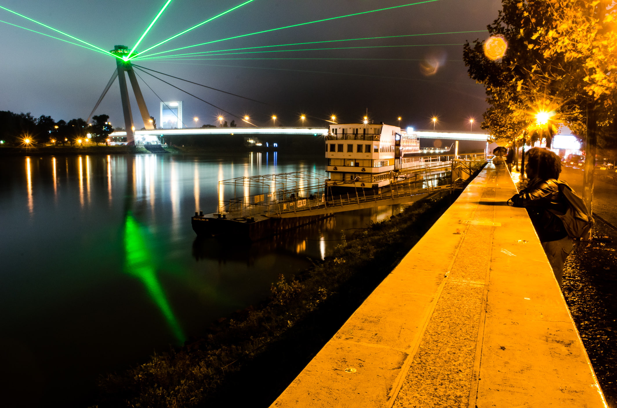 Bratislava, mode of transportation, people, road, built structure, river, outdoors, 1080P, bridge, Slovakia, Donau, canal, lights, city, trees, tree, illuminated, HD Wallpaper