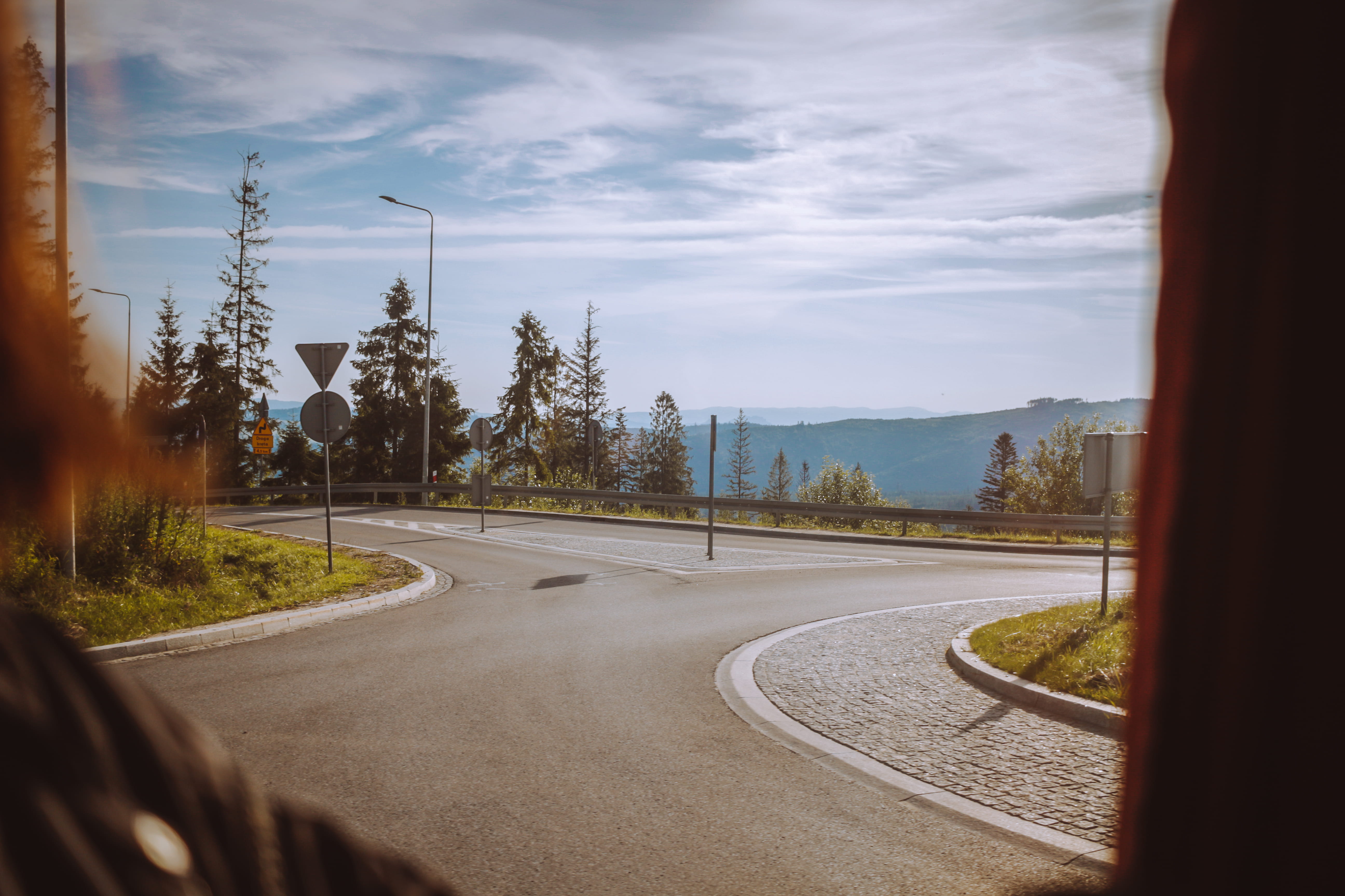 tree, asphalt, cloudy, highway, nature, urban, transportation, sunlight, transparent, vehicle interior, scenery, plant, grass, intersection, mode of transportation, HD Wallpaper