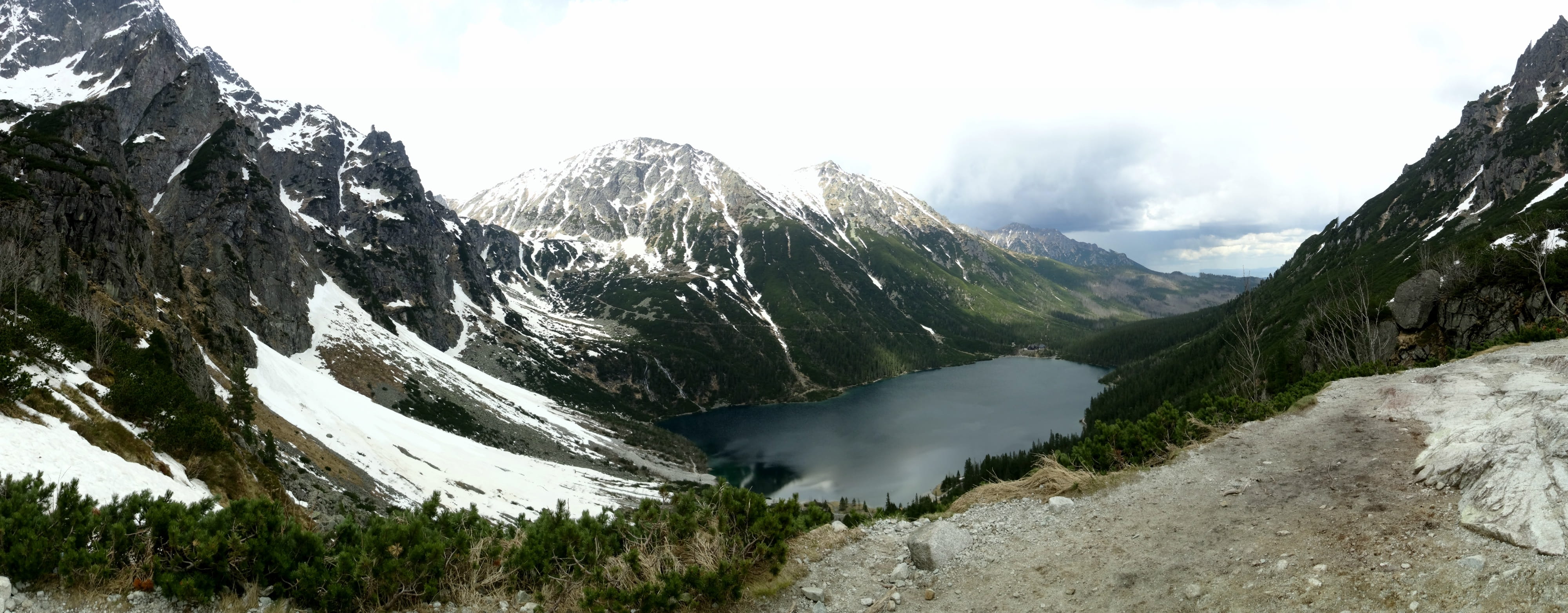 tranquil scene, winter, pond mountain, mountain peak, snowcapped mountain, cloud - sky, environment, morskie oko, no people, nature, cold temperature, mountain range, HD Wallpaper