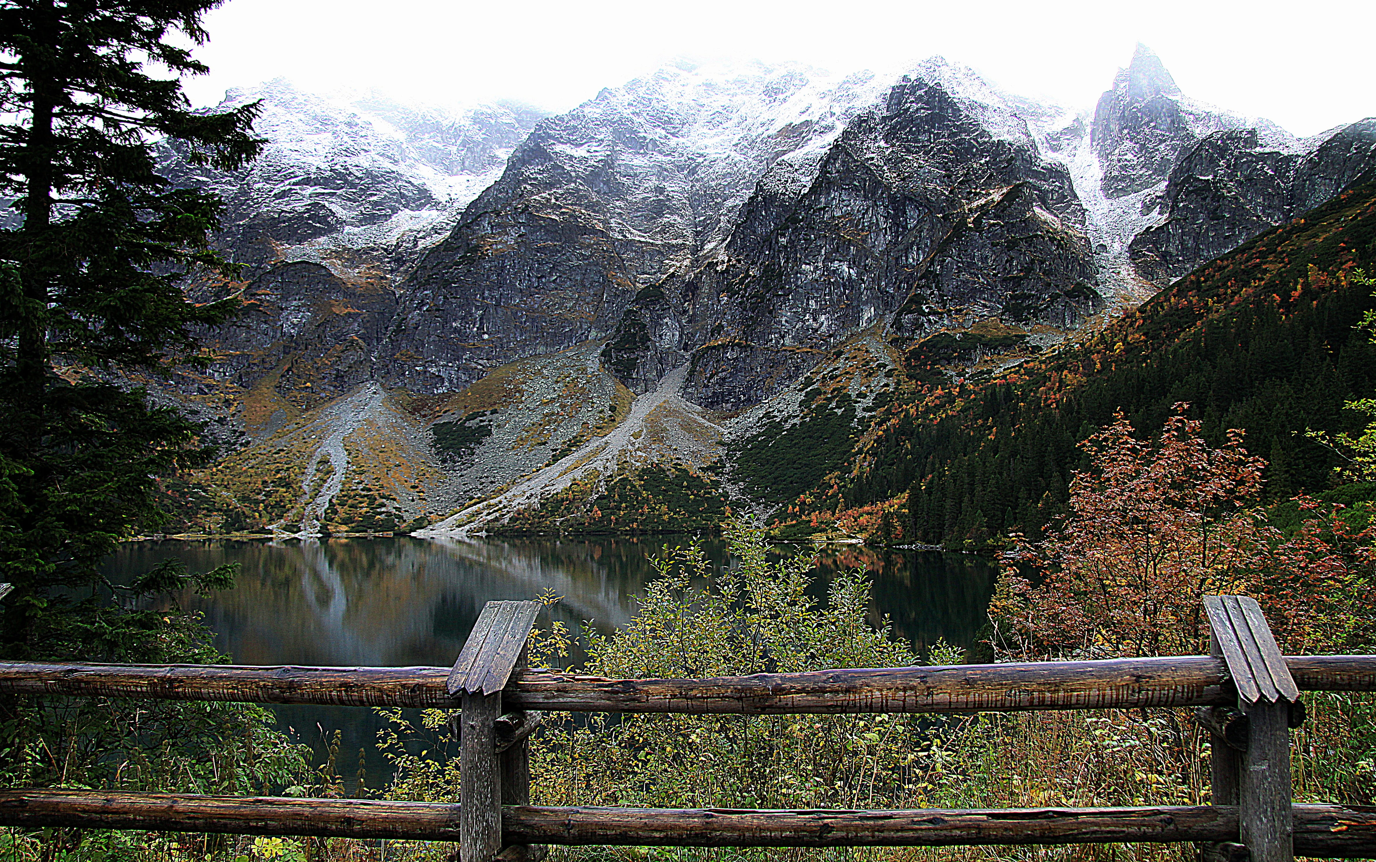 4K, idyllic, the high tatras, tranquility, wood - material, lake, morskie oko, non-urban scene, tranquil scene, poland, railing, landscape, mountains, HD Wallpaper