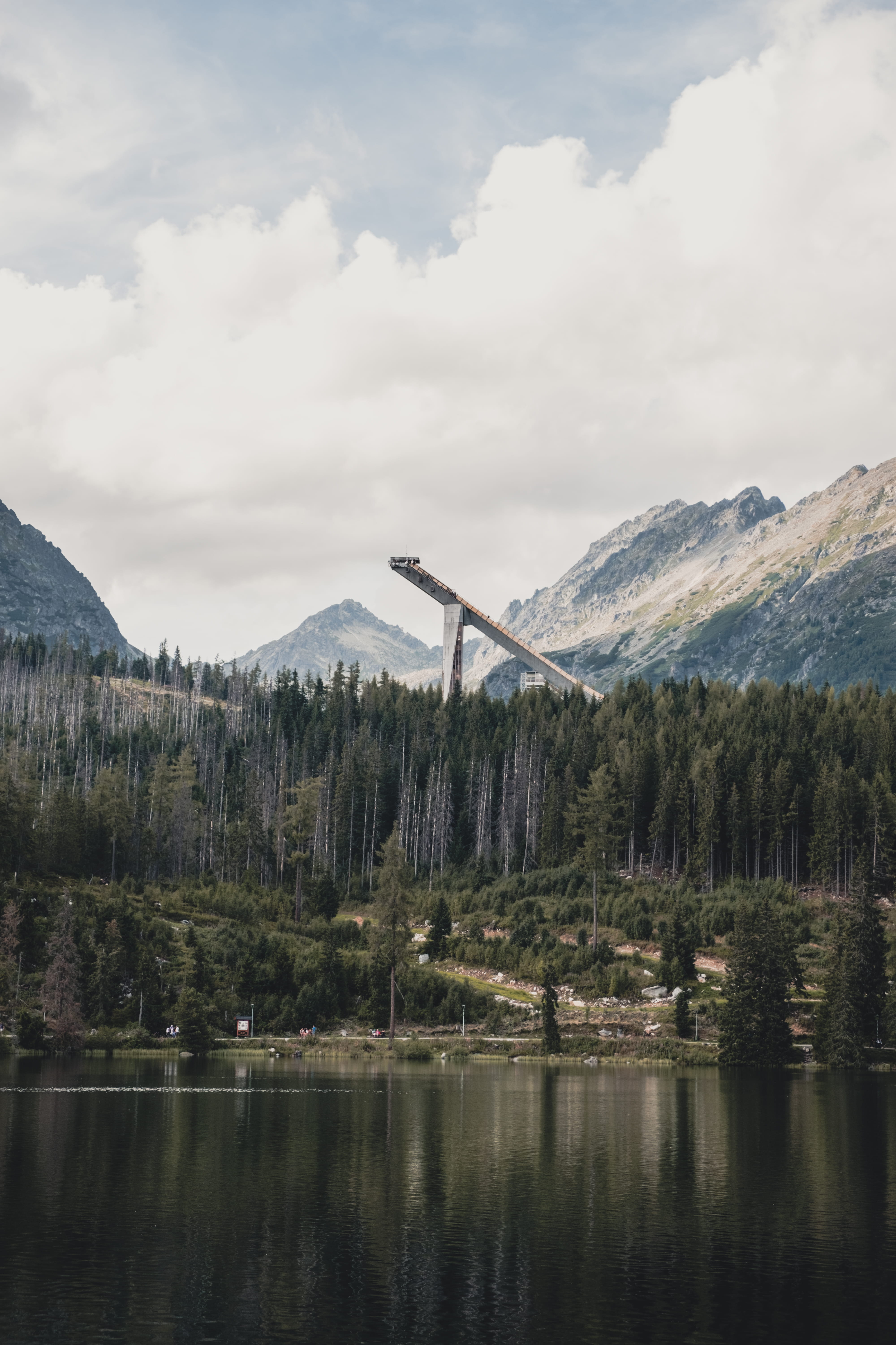 structure, cloud - Sky, pine Tree, sky, jump, outdoors, skijump, tourism, european Alps, tranquil Scene, forest, tree, green Color, summer, blue, mountain Range, Phone HD Wallpaper