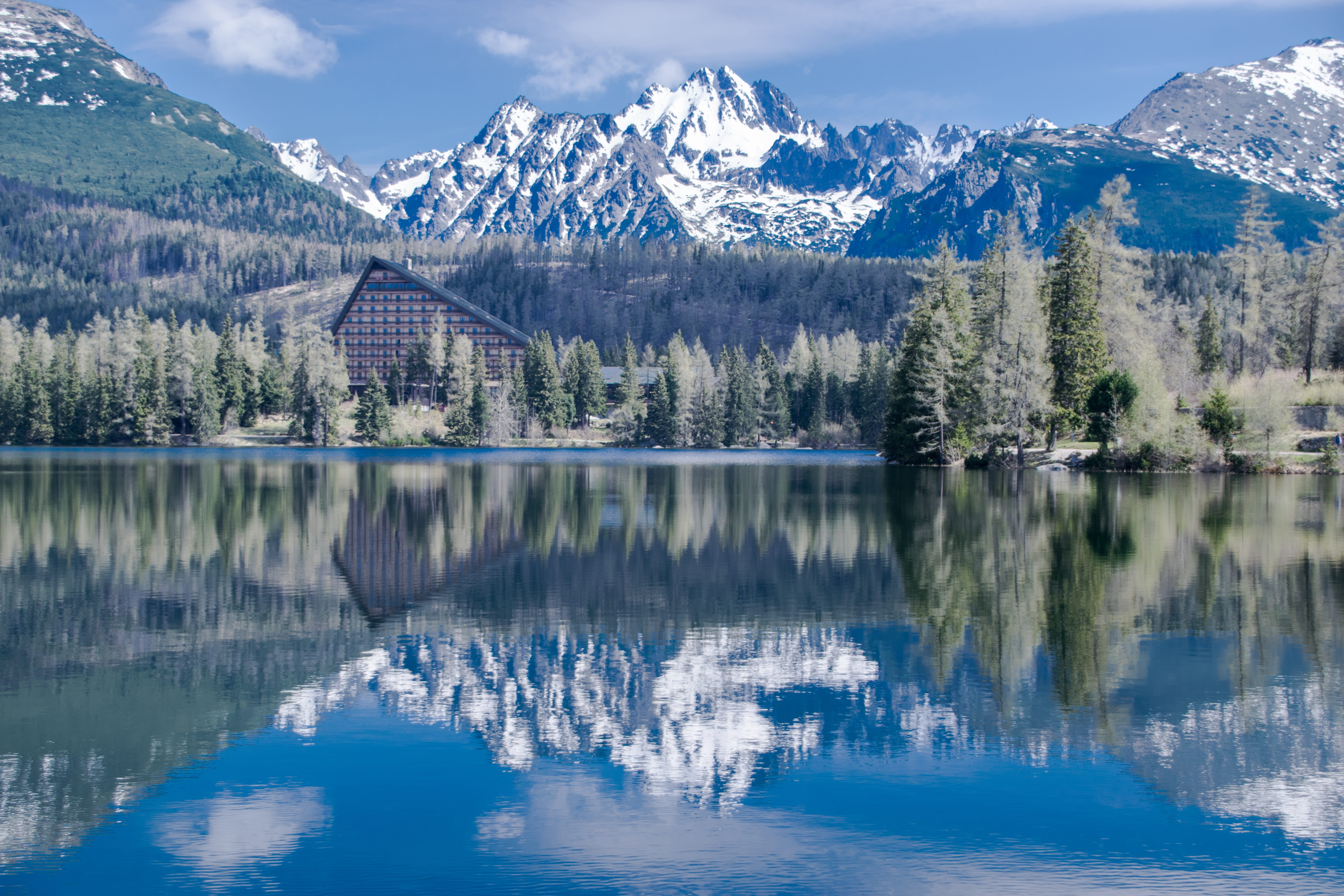 sky, pine tree, tranquility, idyllic, no people, body, lake, scenics - nature, pleso, mountain, high tatras, panorama, outdoors, slovakia, tranquil scene, HD Wallpaper