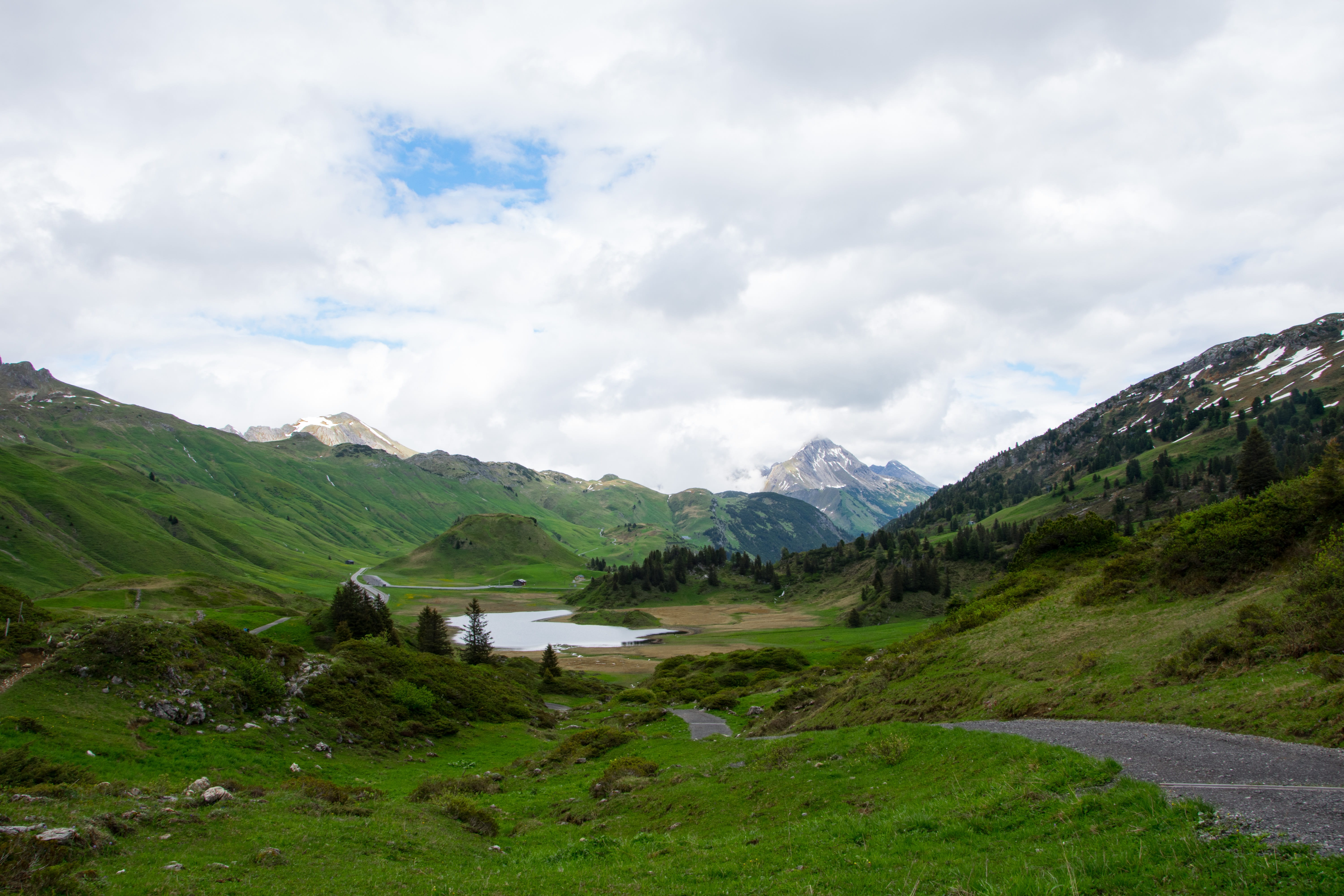 pleso, green color, sky, landscape, scenics - nature, non-urban scene, nature, mountain, no people, outdoors, 5K, tranquil scene, path, alps, day, tranquility, HD Wallpaper