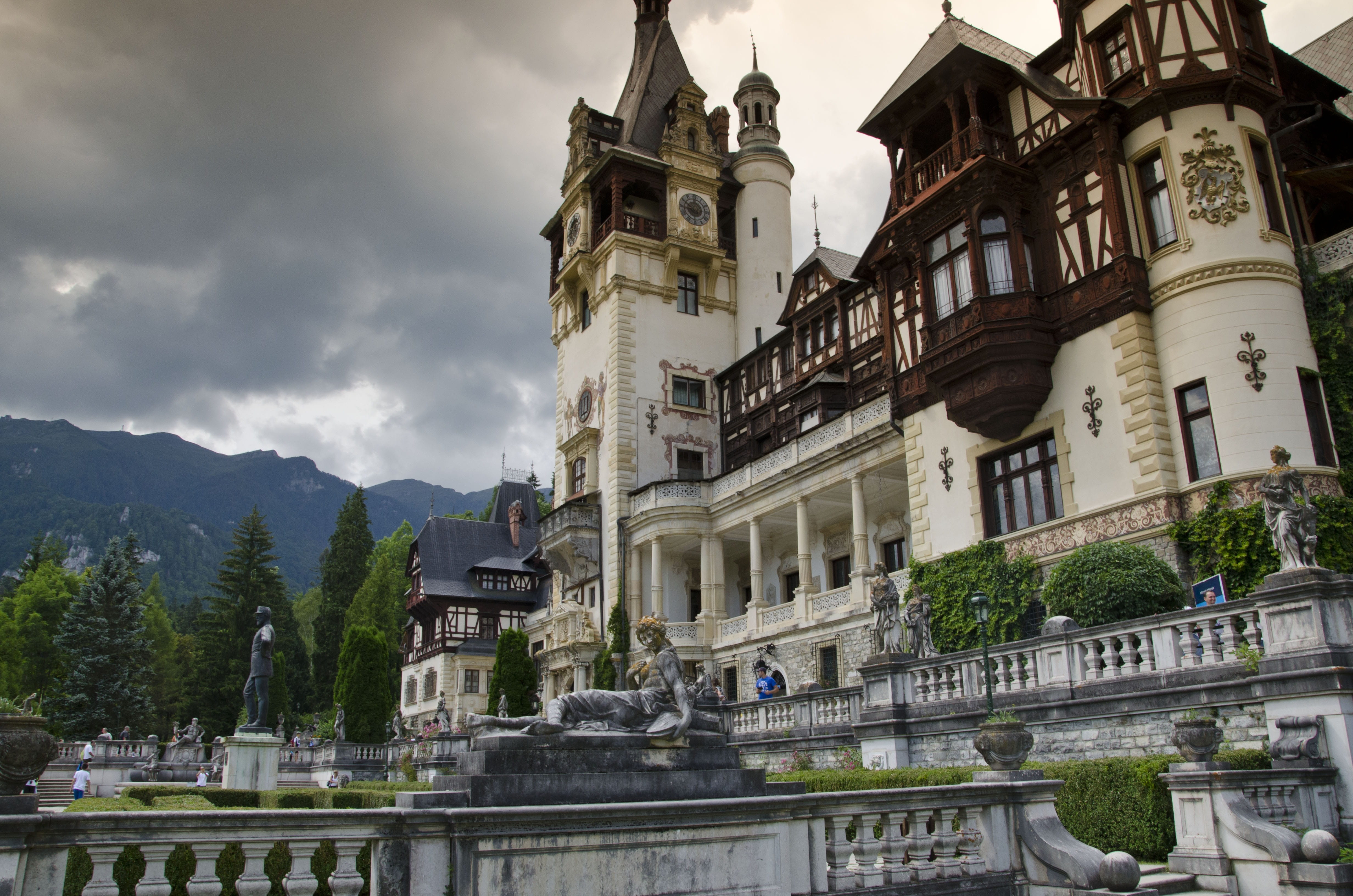 travel destinations, sinaia, transylvania, mountains, 4K, plant, religion, day, building exterior, king, low angle view, karpaty, causescu, water, built structure, HD Wallpaper