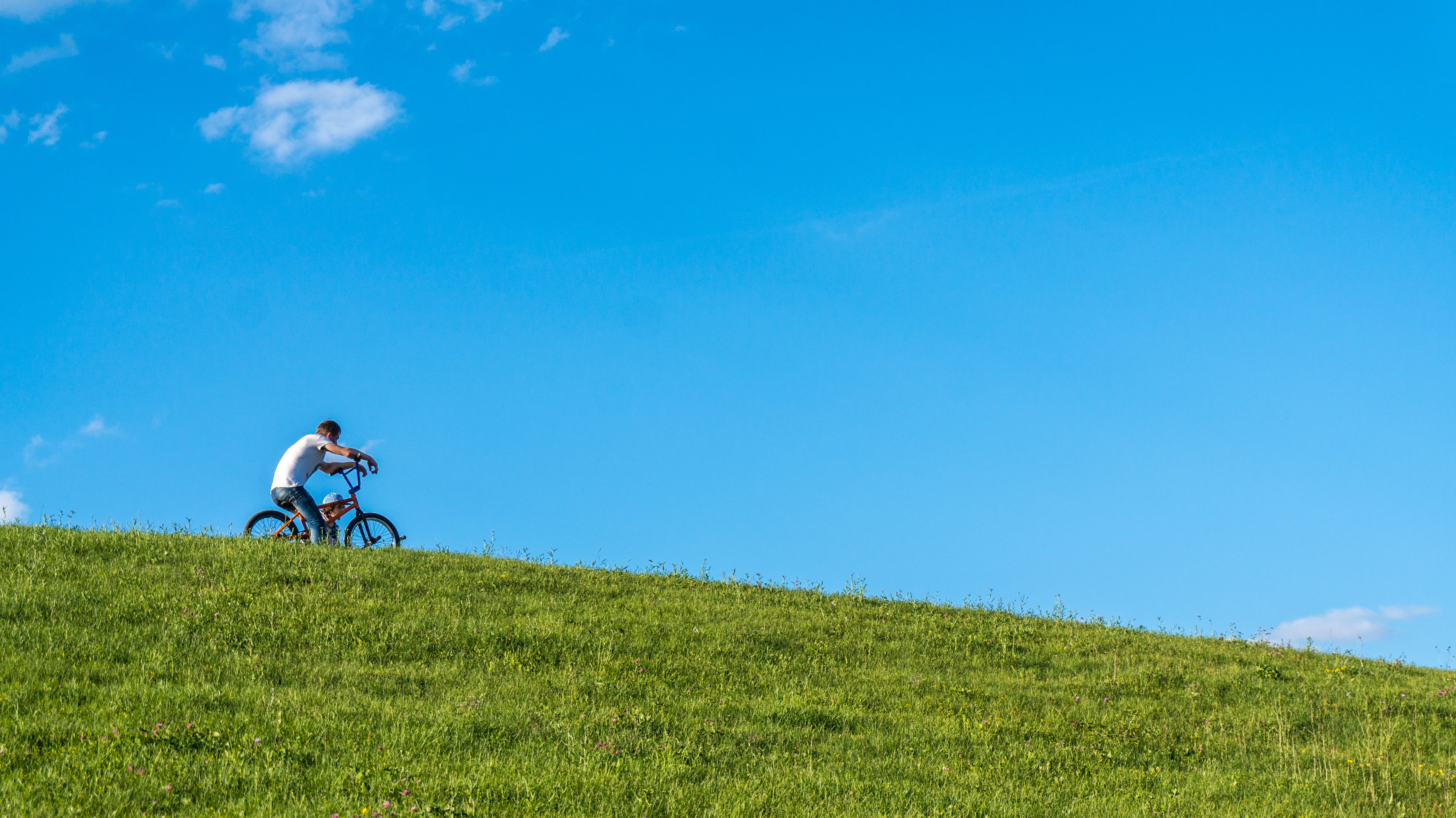 bike, sky, moscow, men, bicycle, cycling, grass, day, one person, minimal, lifestyles, plant, blue, uphill, outdoors, boy, green color, hill, land, transportation, HD Wallpaper