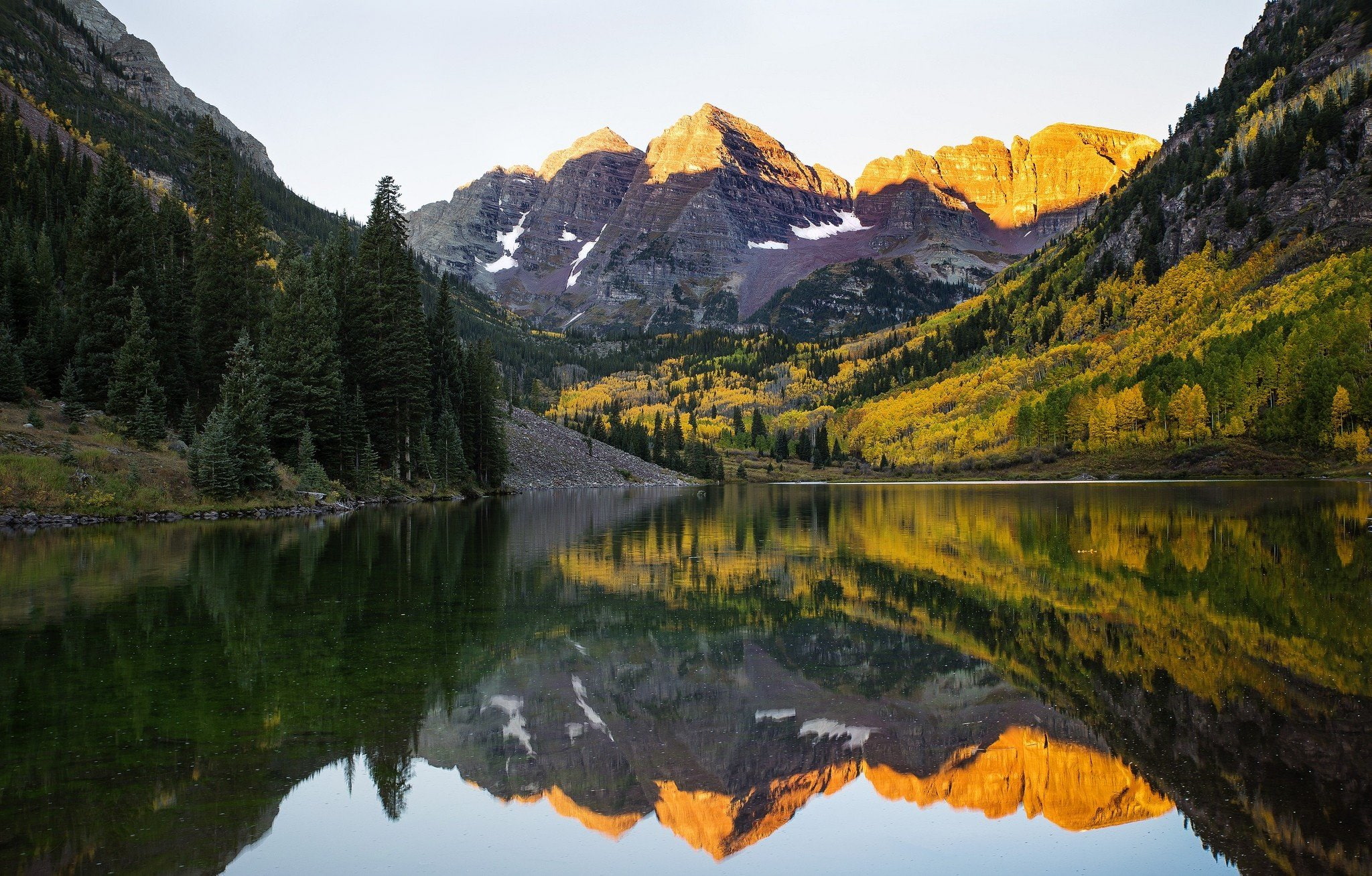 snow, 1080P, bells, colorado, mountains, lake, reflection, maroon, forest, aspen, autumn, HD Wallpaper