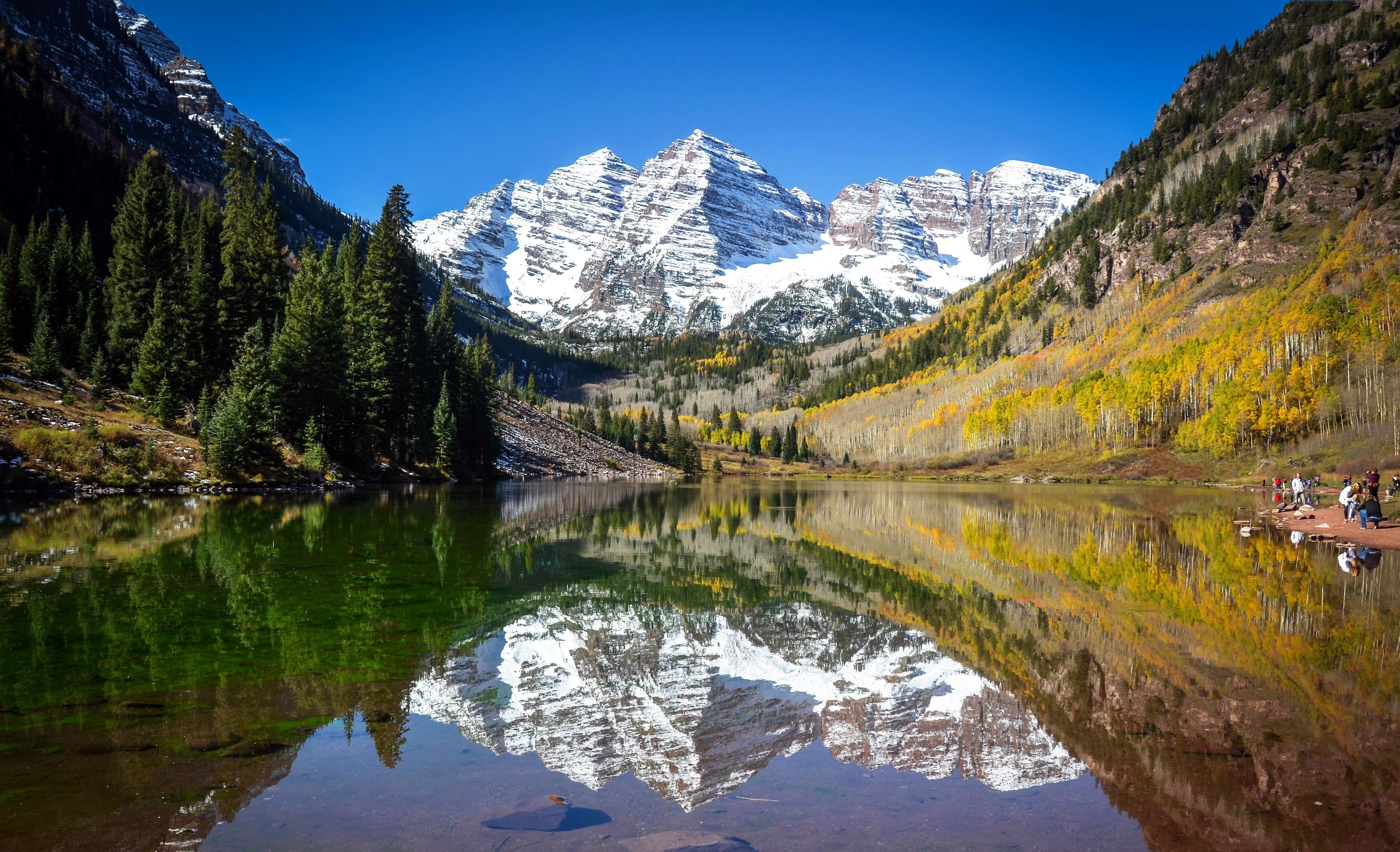 maroon, aspen, colorado, autumn, bells, snow, forest, 4K, lake, mountains, reflection, HD Wallpaper