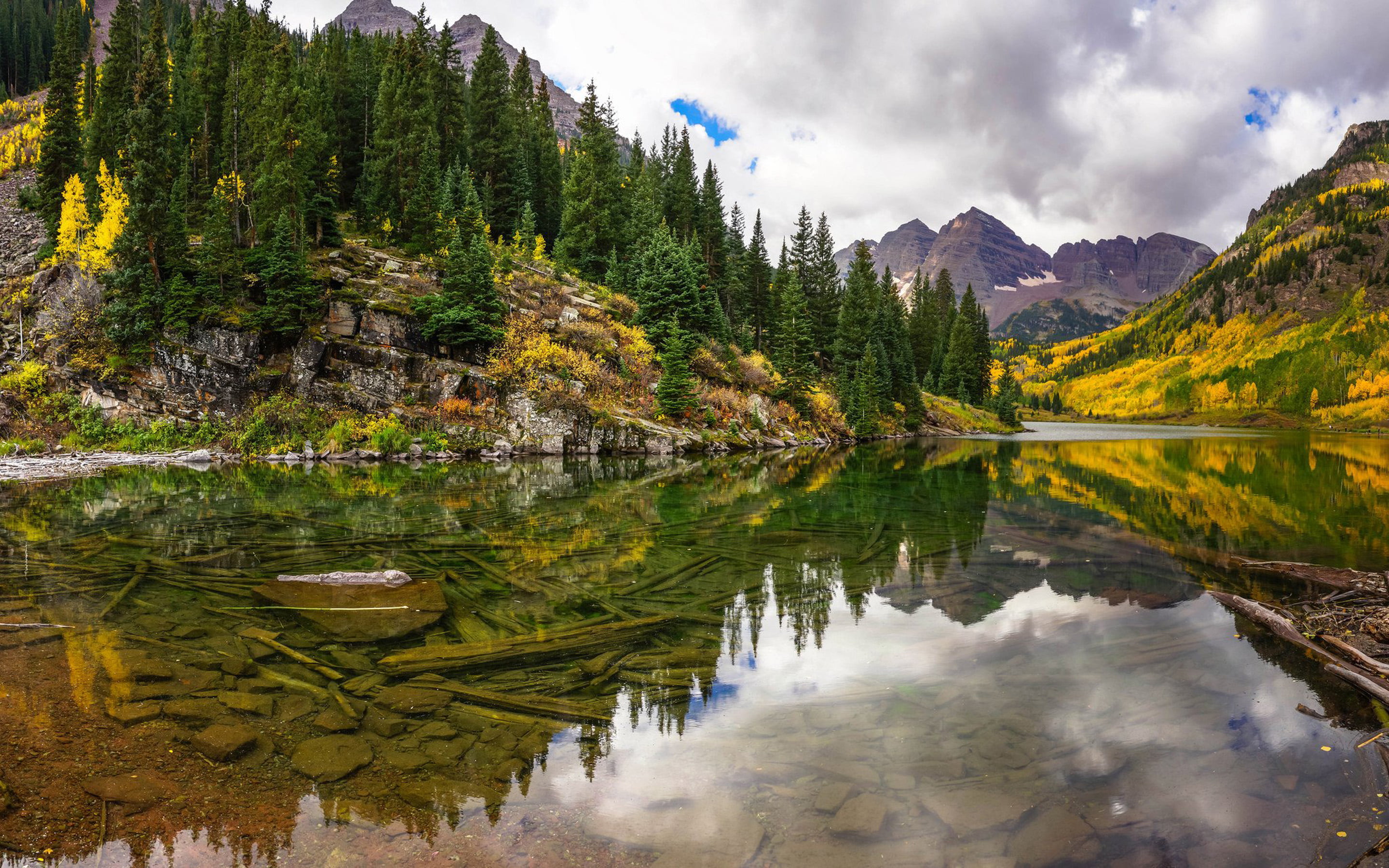 maroon, clear, green color, scenics - nature, scenery, colorado, mountains, birch, pine, cloud - sky, reflection, non-urban scene, mountain, nature, forest, HD Wallpaper