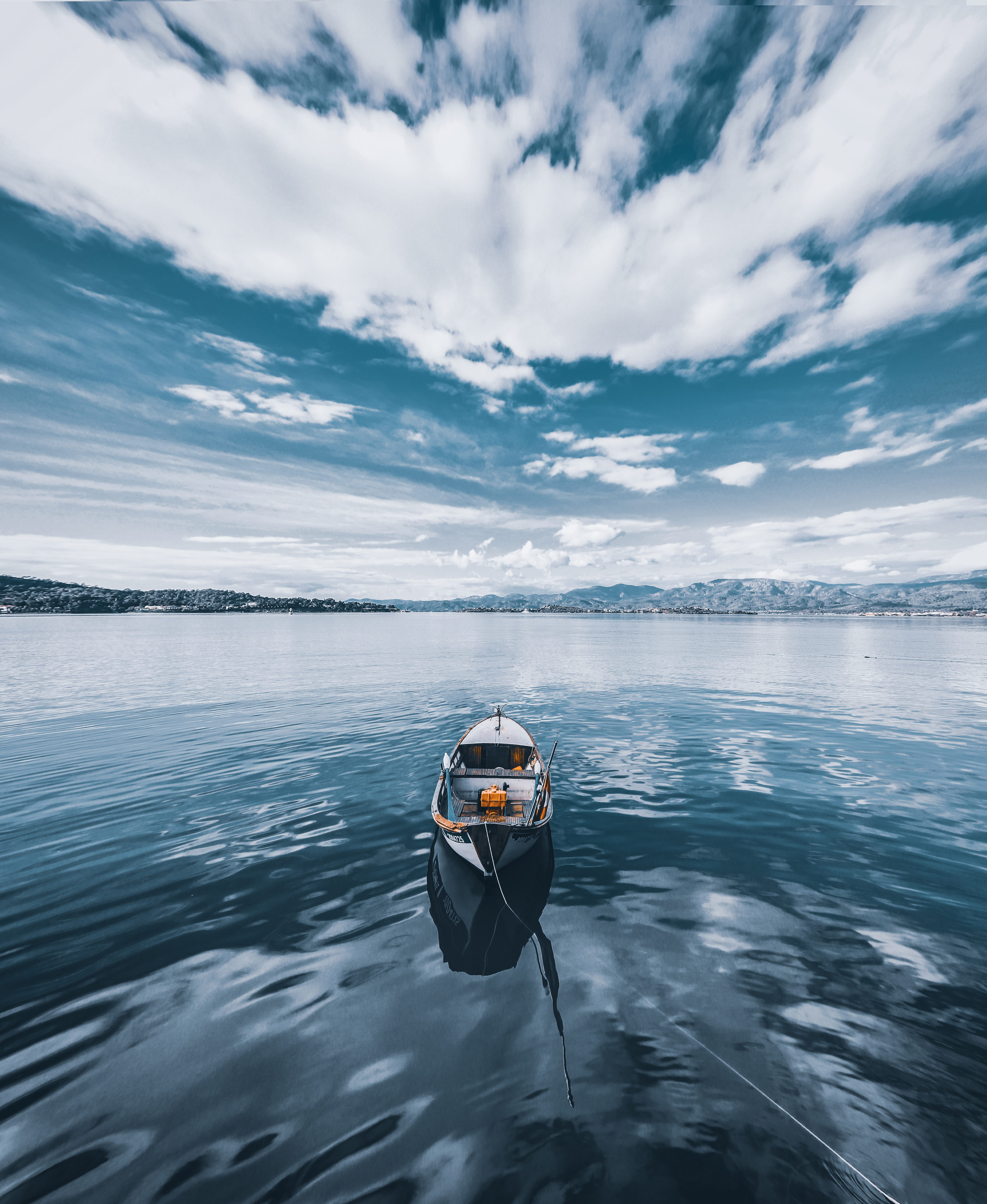vehicle, mode of transportation, clouds, tranquility, environment, ripples, reflection, boat, 5K, idyllic, watercraft, canoe, day, cloud - sky, waterfront, Phone HD Wallpaper