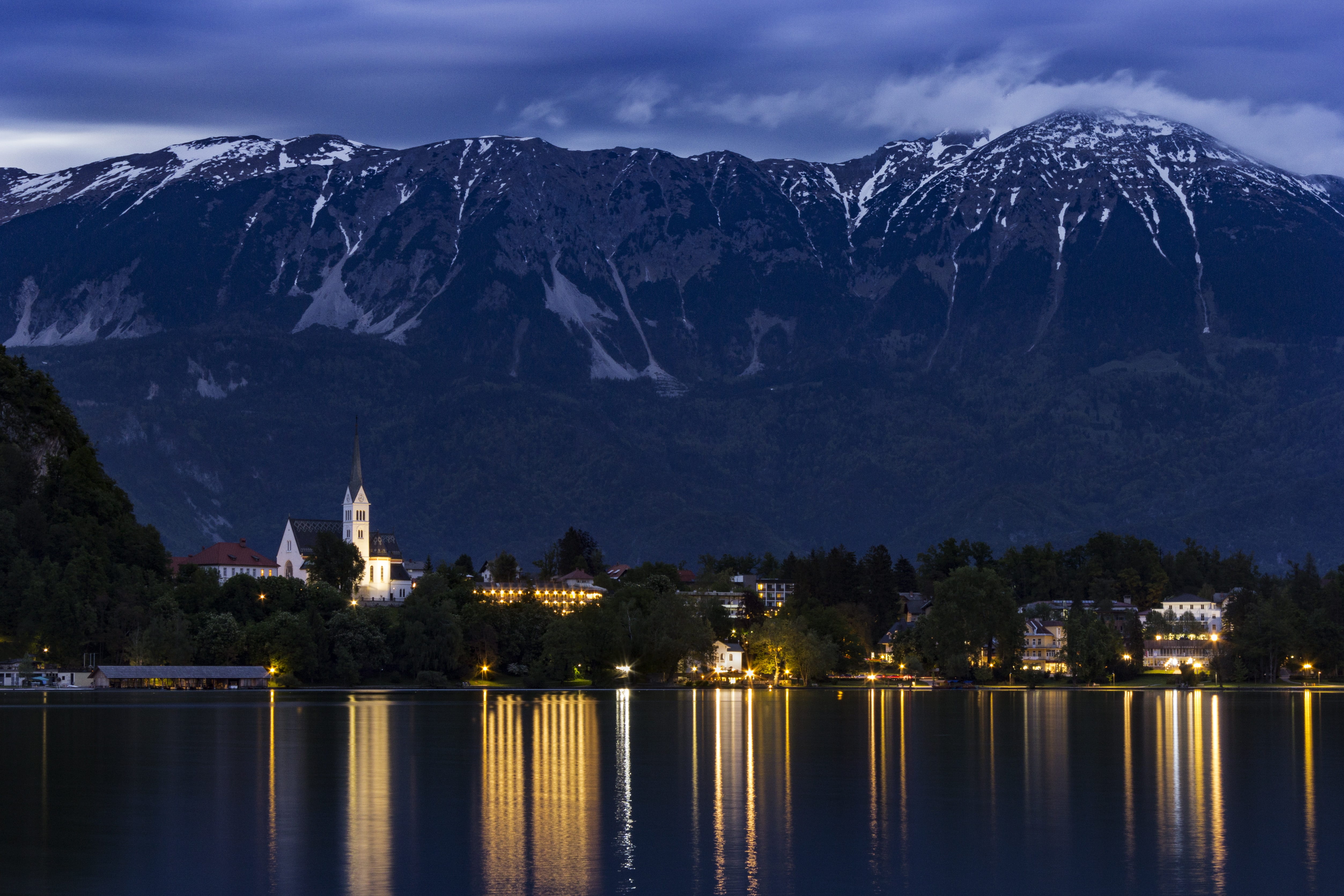 religion, near, slovenia, travel destinations, water, night, architecture, buildings, sky, no people, bled, reflection, photo, building exterior, lights, HD Wallpaper