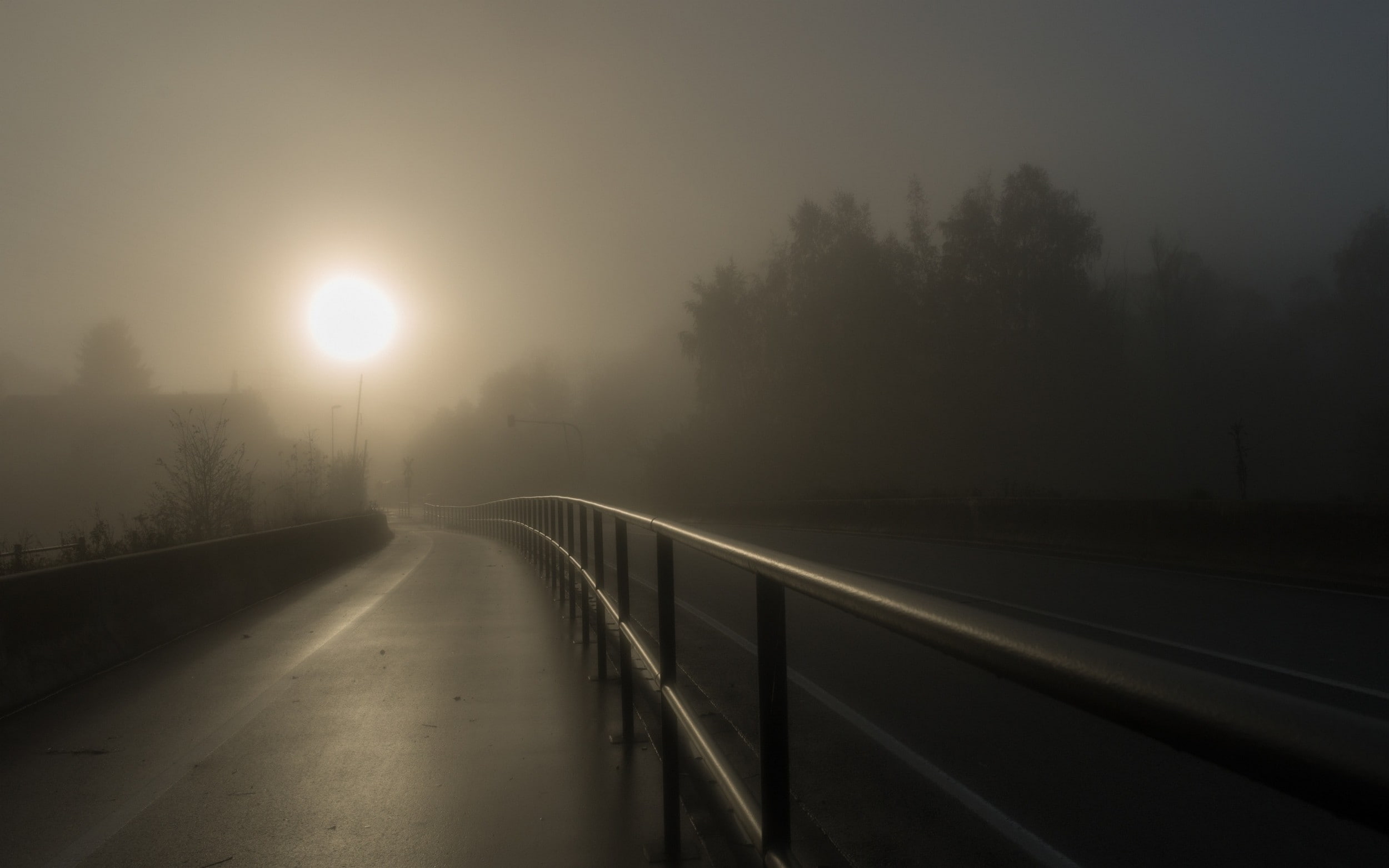sky, diminishing perspective, no people, 1080P, transportation, empty, fog, the way forward, street, highway, direction, mist, beauty in nature, tranquility, HD Wallpaper