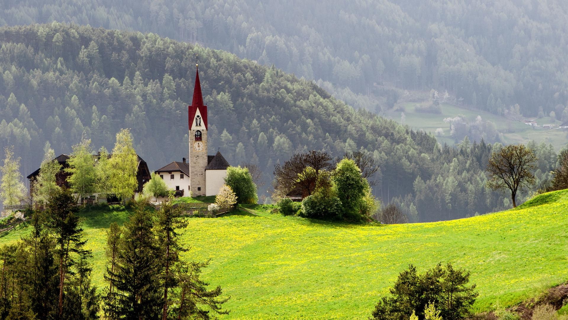 chapel, grey, nature and landscapes, mountain, valley, 1080P, red, beautiful, forest, church, HD Wallpaper