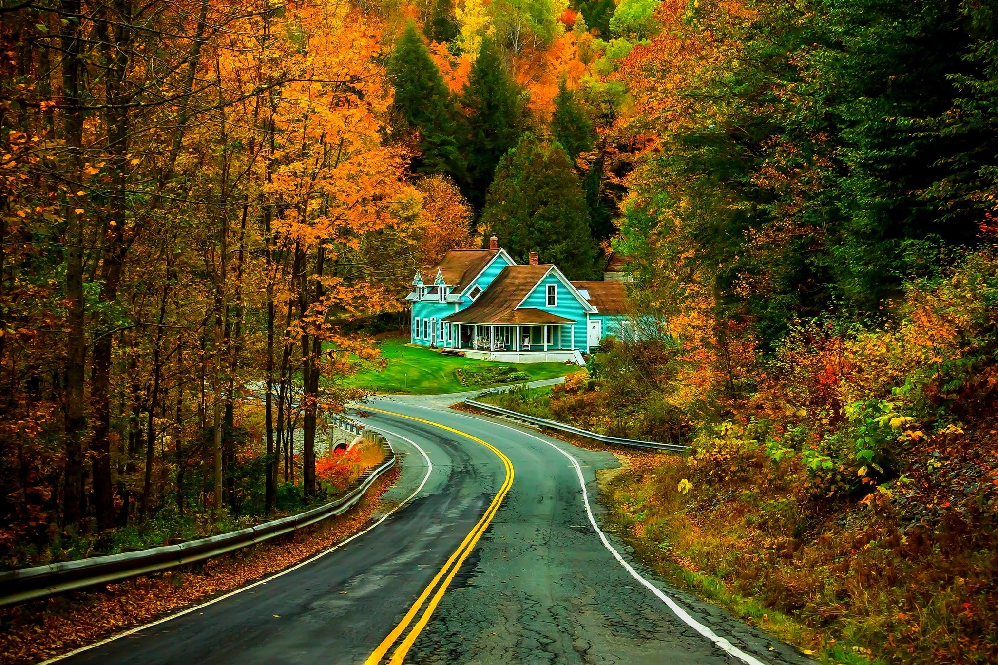nature, travel, rural Scene, surrounded, 1080P, colorful, october, forest, asphalt, landscape, outdoors, fall, color Image, vermont, walk, scenics - nature, HD Wallpaper
