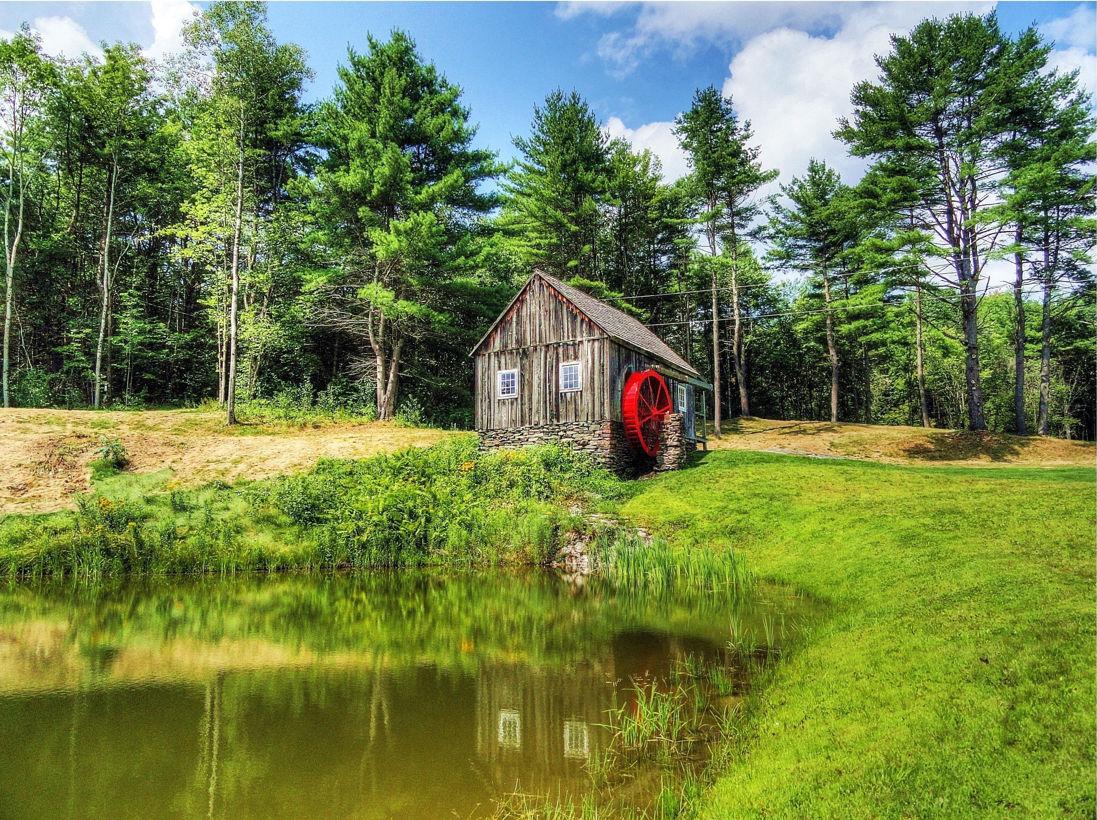 2K, england, pond, landscape, forest, mill, vermont, HD Wallpaper