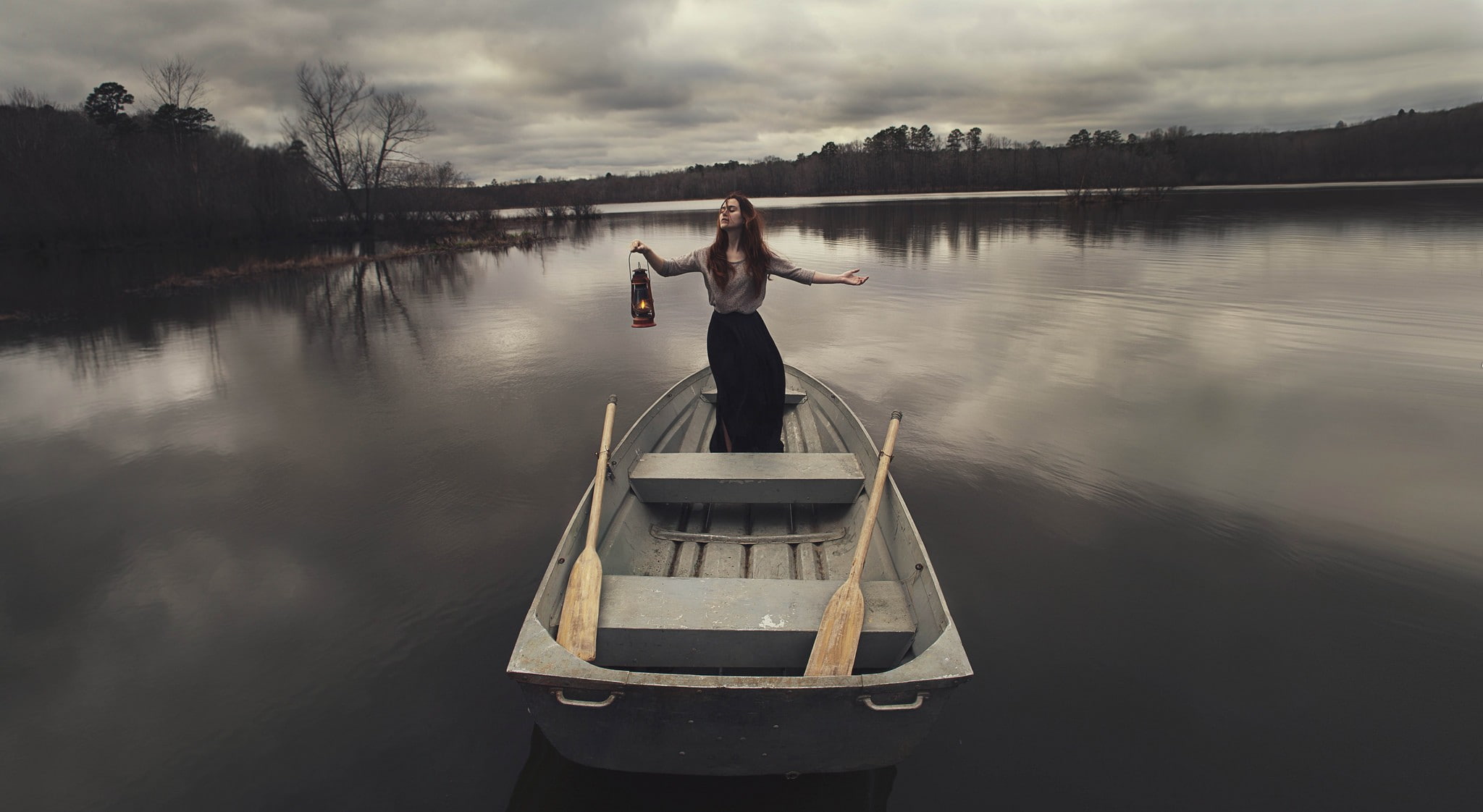 rowboat, 1080P, lights, lake, women, HD Wallpaper