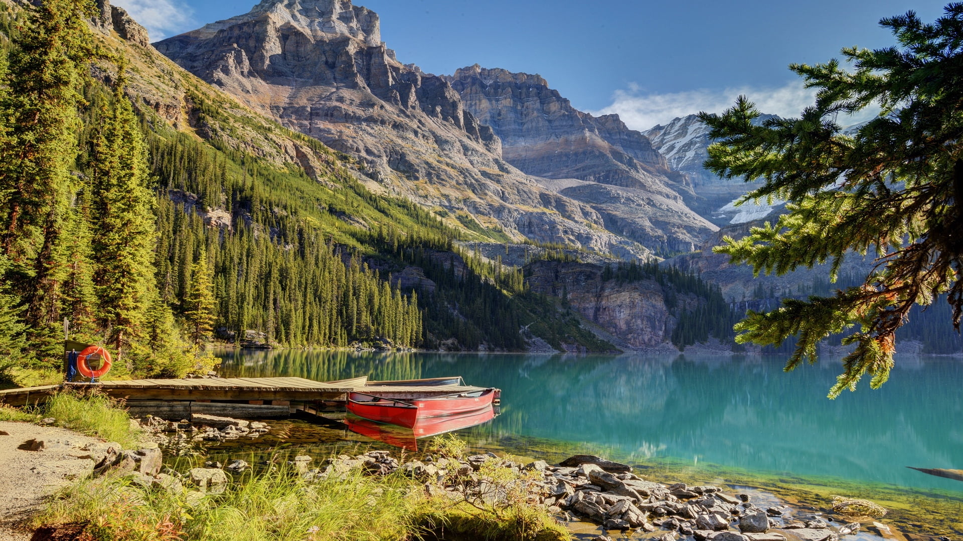 formation, wood - Material, no People, outdoors, reflection, 1080P, nature, canada, tree, mode of transportation, forest, rock - Object, landscape, moraine Lake, HD Wallpaper
