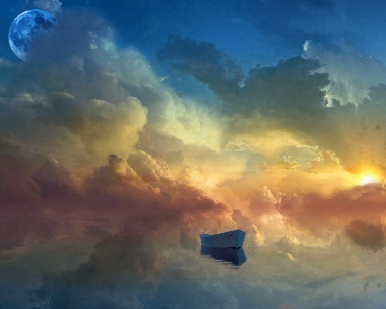 rowboat, Moon, artwork, clouds, sky, 720P, boat, HD Wallpaper