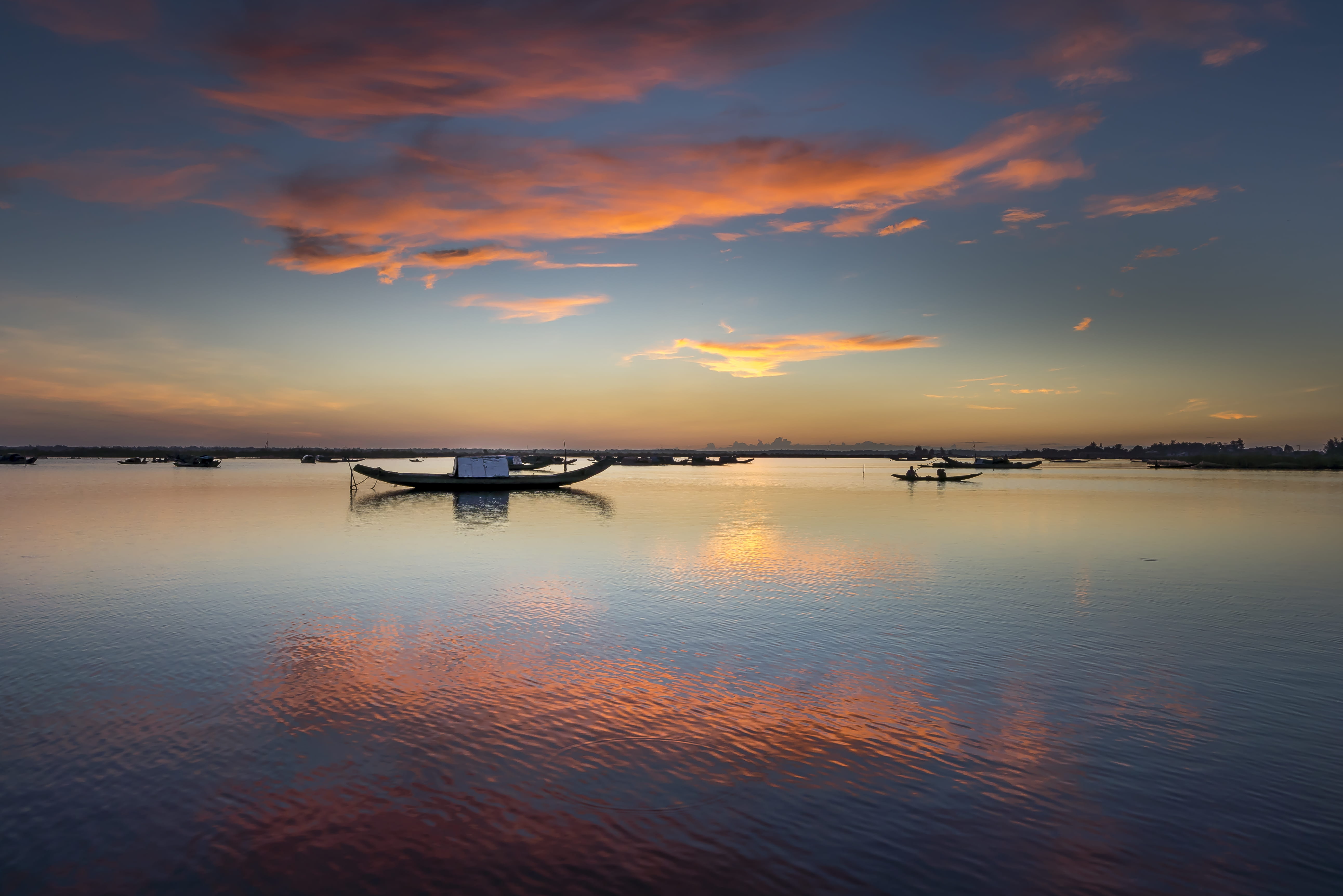 clouds, sea, scenic, orange, summer, no people, evening, sun, 5K, lake, dusk, cloudscape, blue, outdoors, skyscape, transportation system, ocean, sky, HD Wallpaper