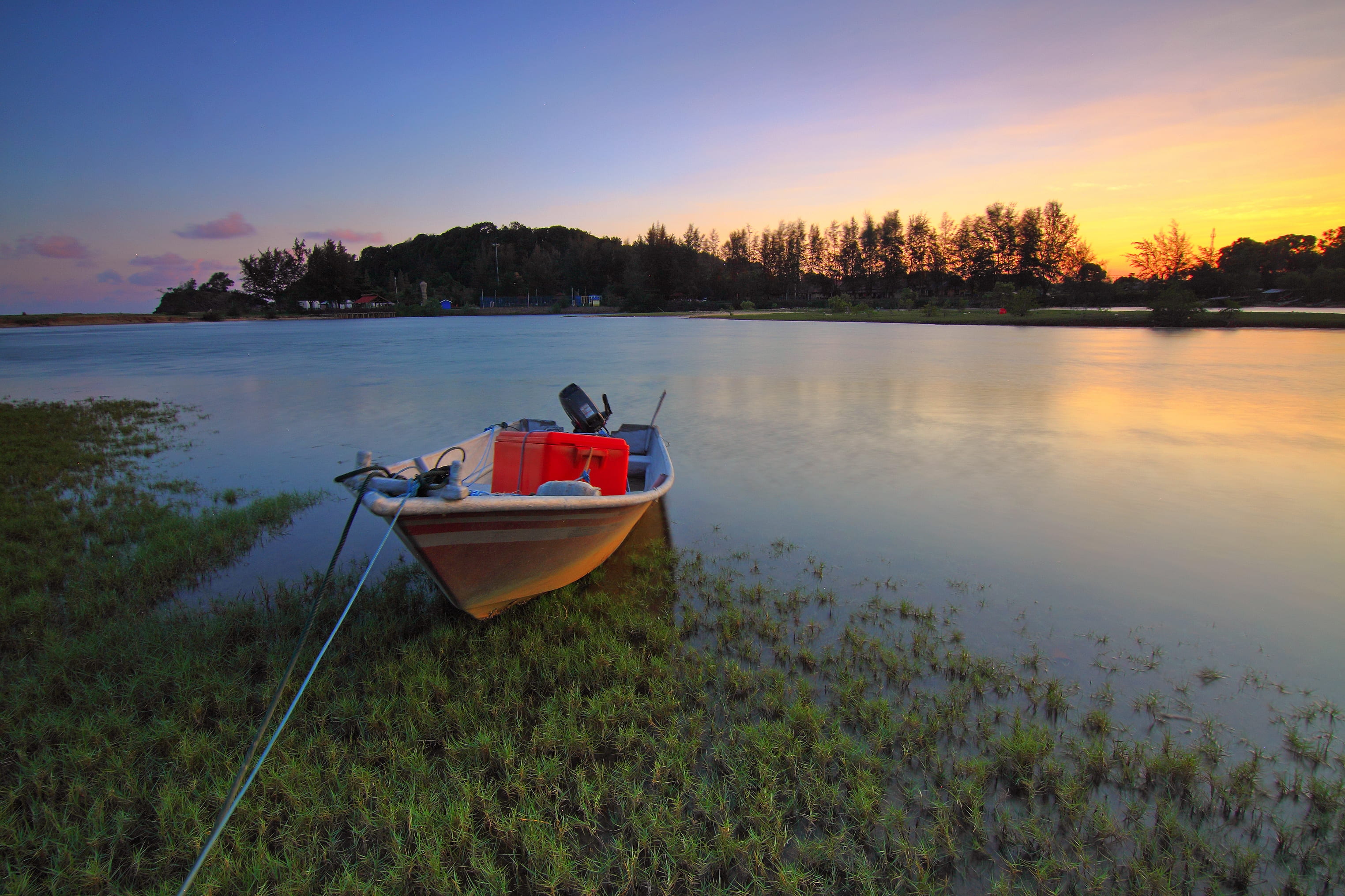 lake, beauty in nature, no people, nautical vessel, tree, transportation, river, canoe, sunrise, shore, dawn, grass, tranquil scene, trees, sky, watercraft, HD Wallpaper