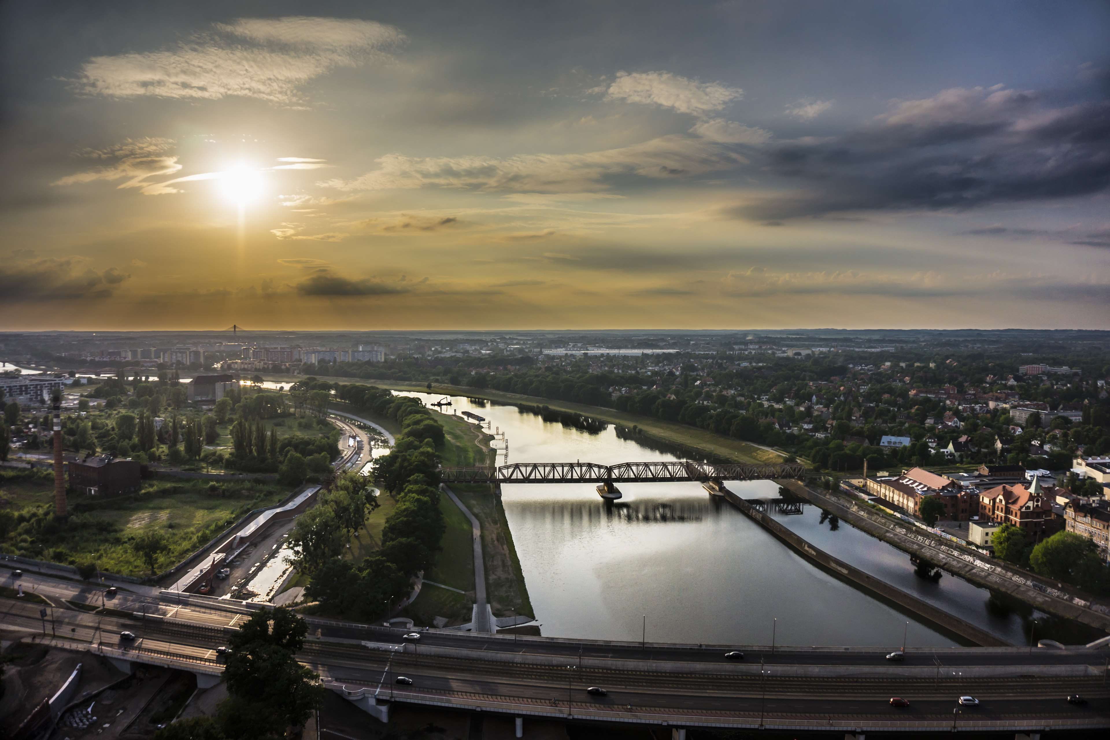 clouds, road, multiple lane highway, landscape, water, outdoors, cloud - sky, bridge - man made structure, cars, bridge, architecture, lake, sunset, building exterior, HD Wallpaper