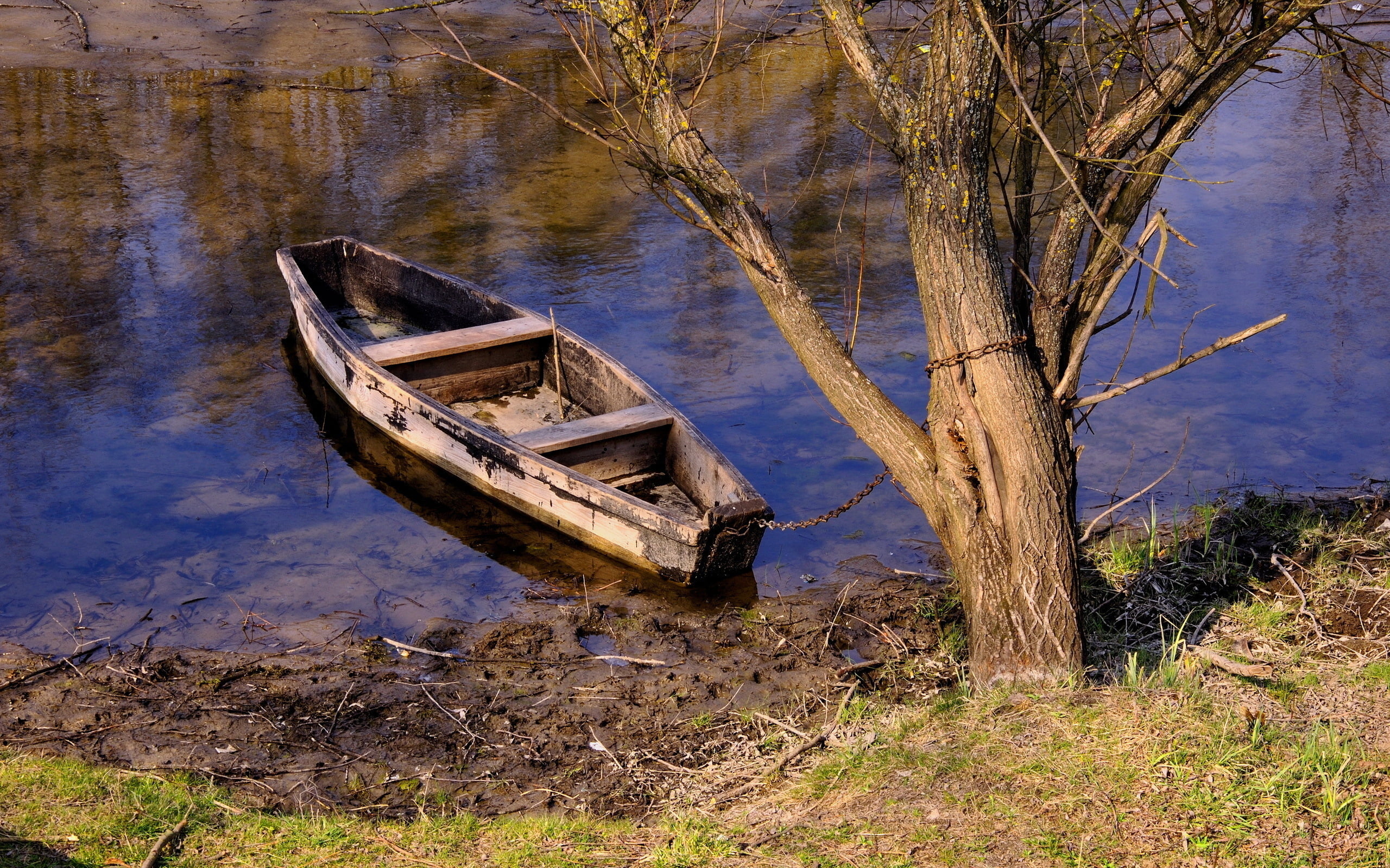 land, outdoors, nature, reflection, river, moored, tree, sinking, water, nautical vessel, deterioration, plant, no people, lakeshore, rowboat, damaged, HD Wallpaper