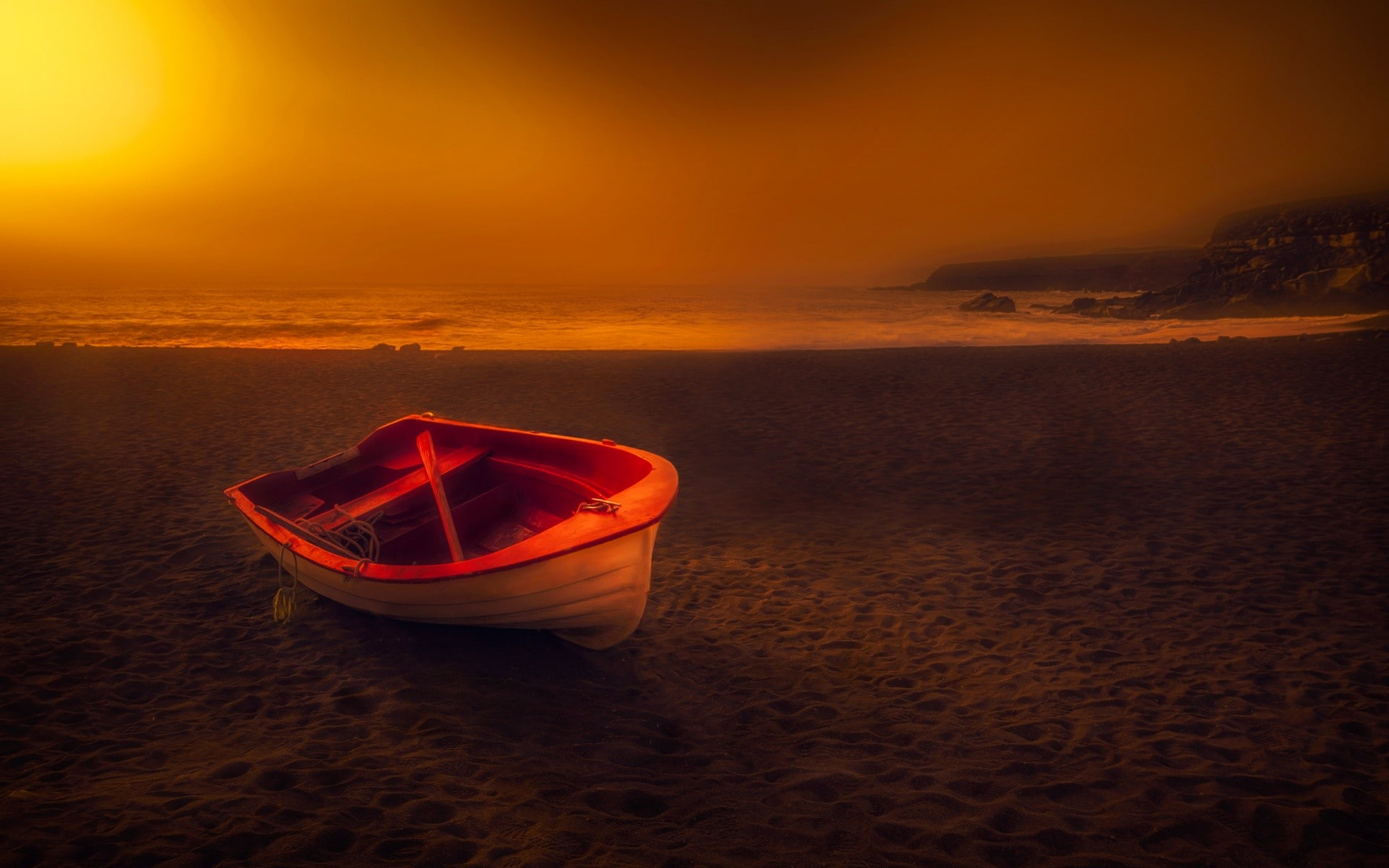 nautical vessel, horizon, horizon over water, nature, scenics - nature, red, land, outdoors, beach, boat, tranquil scene, sunset, water, no people, transportation, HD Wallpaper