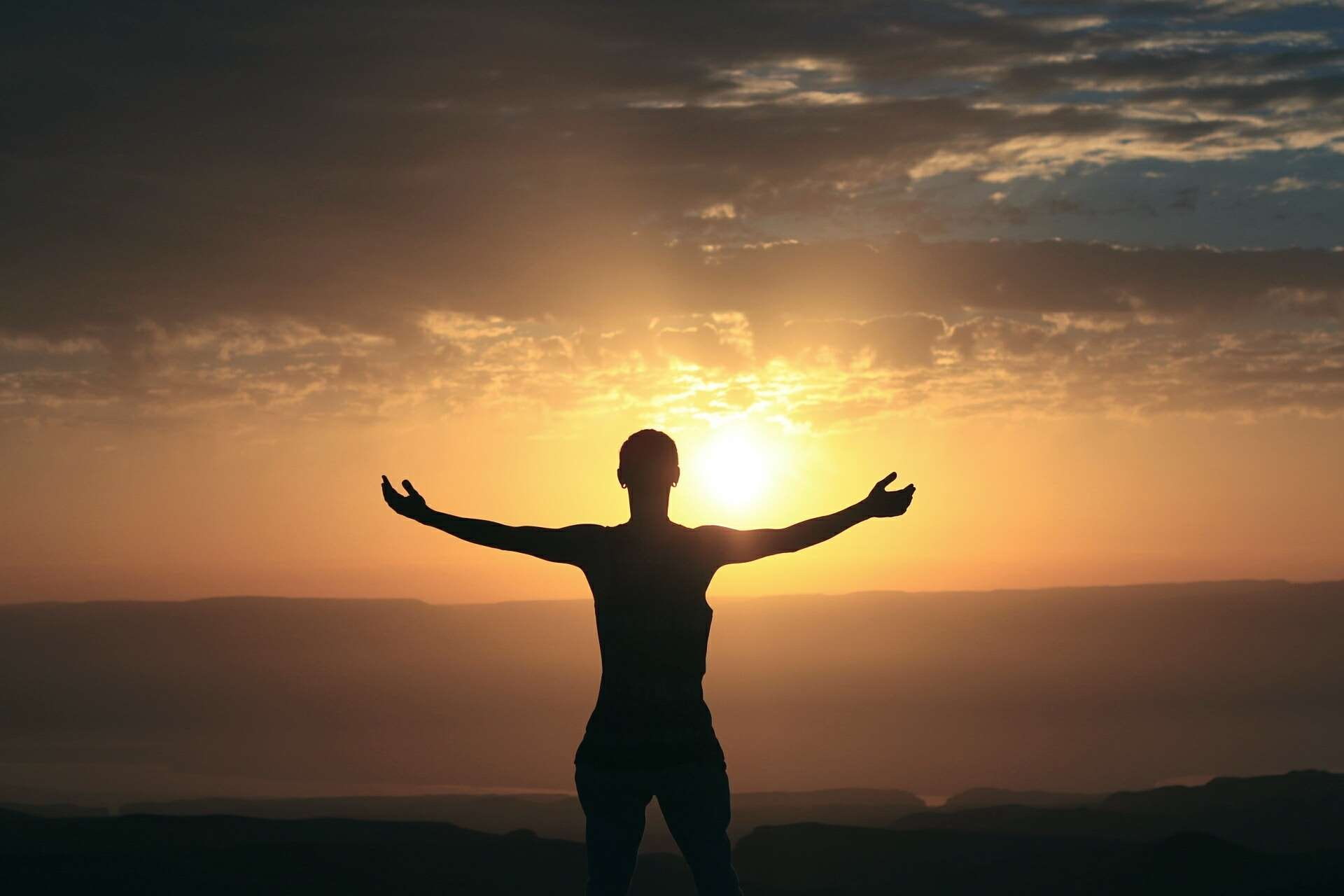 cloud - sky, arms raised, morning, leisure activity, tranquil scene, meditation, silhouette, three quarter length, real people, person, beauty in nature, HD Wallpaper