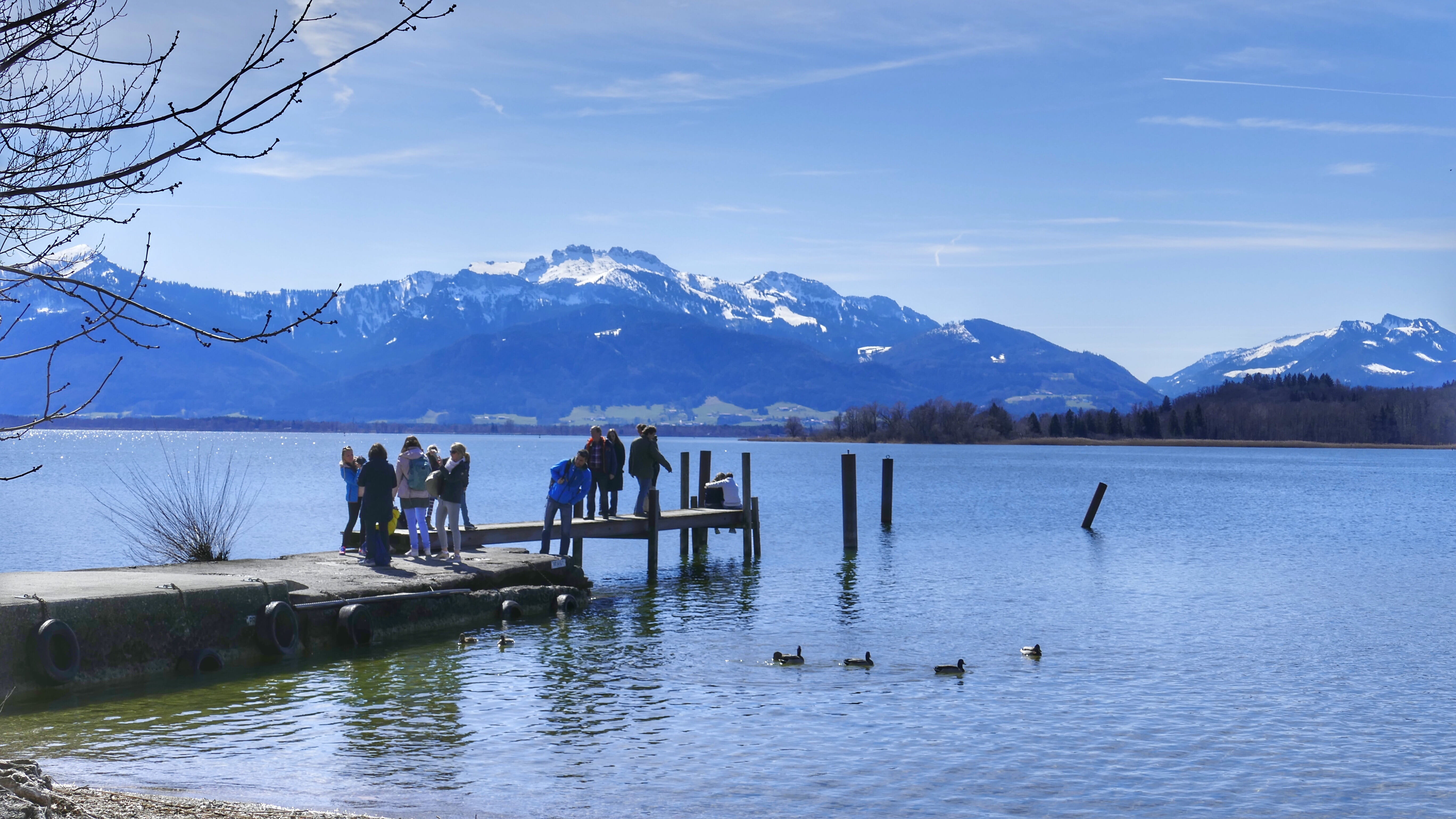 chiemsee, mountains, sea, outdoors, snowcapped mountain, 5K, panorama, boat, leisure activity, men, tranquil scene, landscape, waterfront, sky, ship, tourism, HD Wallpaper