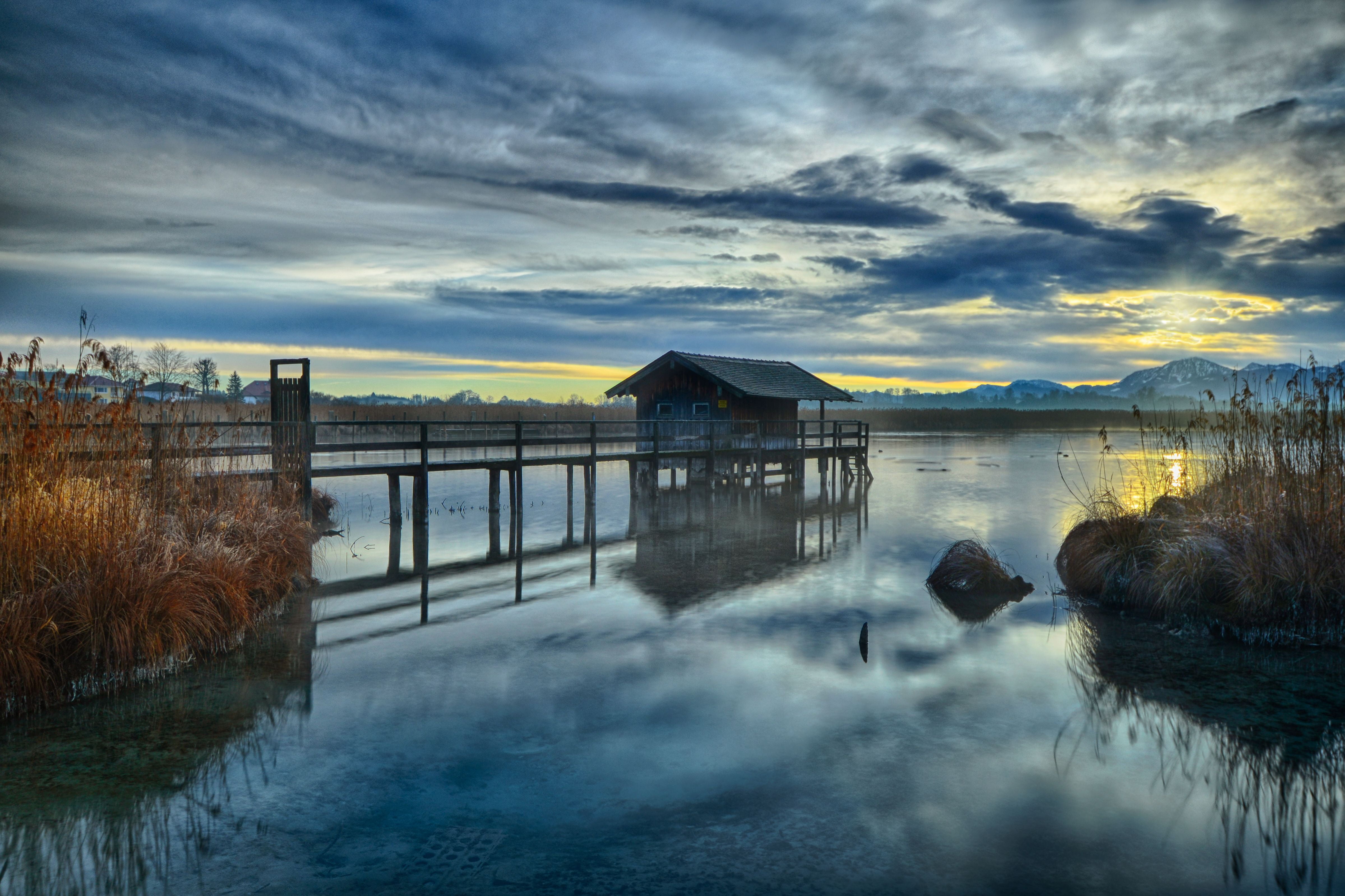 night, sky, mirror, sea, morgens, water, reflection, Wolken, sunset, ngc, landscape, sunrise, lake, morning, dusk, Bavaria, Nature, outdoors, dock, Sonne, HD Wallpaper