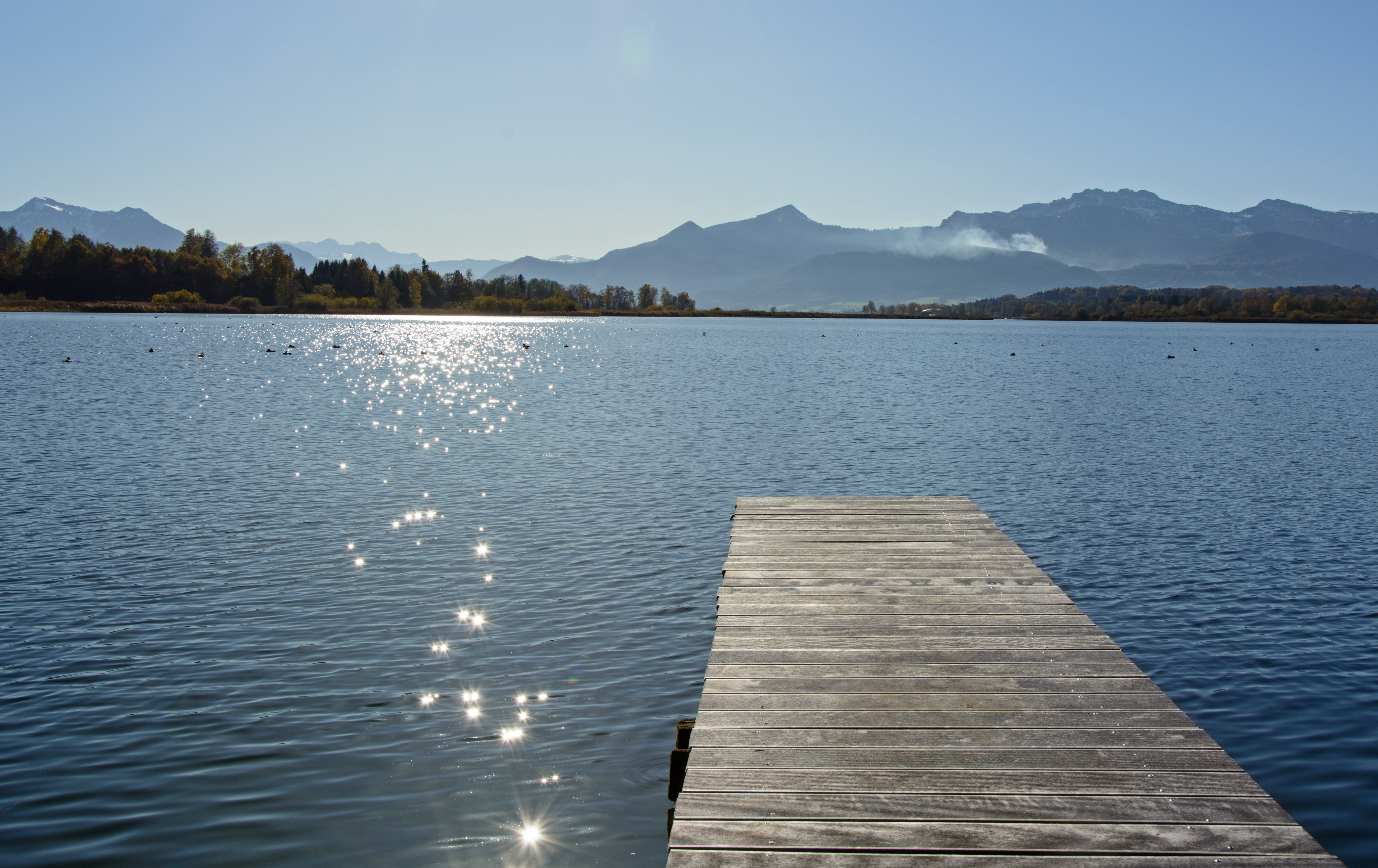 sky, 5K, peaceful, rest, scenics, nature, travel destinations, scenics - nature, view, wood - Material, tranquil scene, summer, lake, sparkle, brown, chiemgau, HD Wallpaper