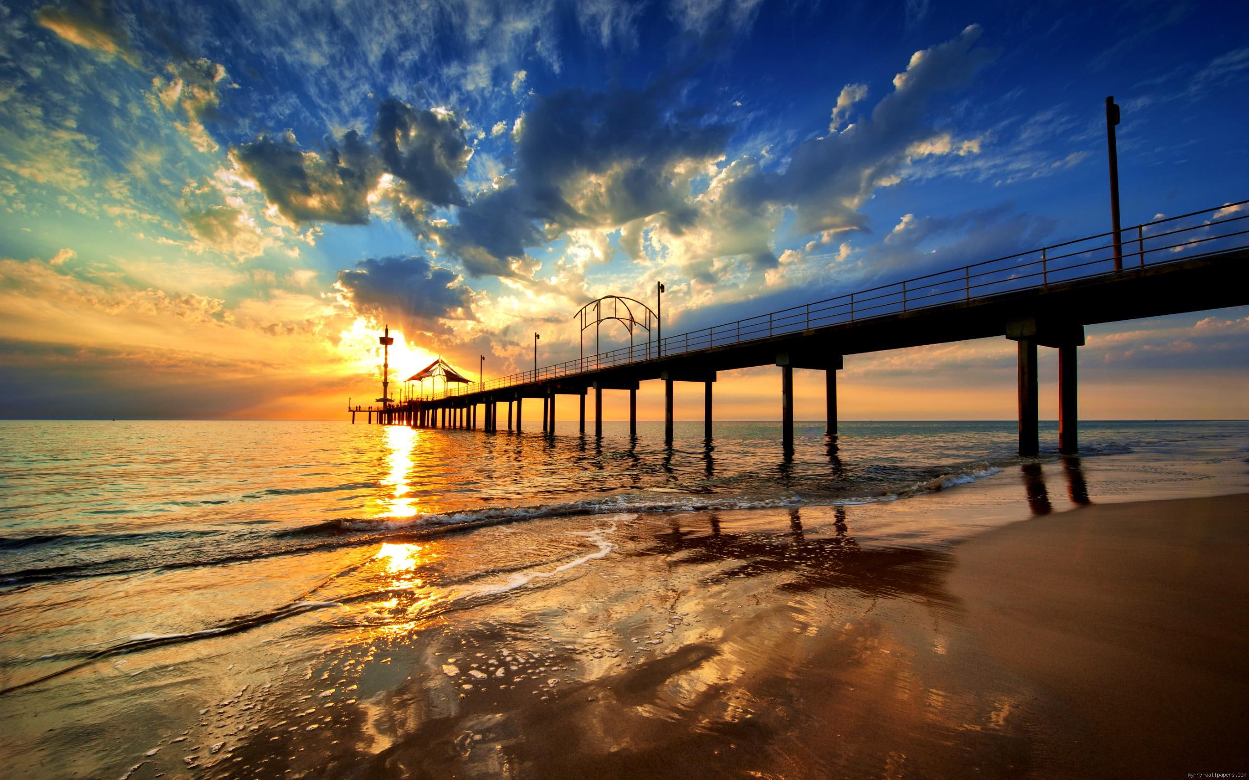 sea, wooden, sunset, beach, dock, 2K, landscape, cloud, jetty, HD Wallpaper
