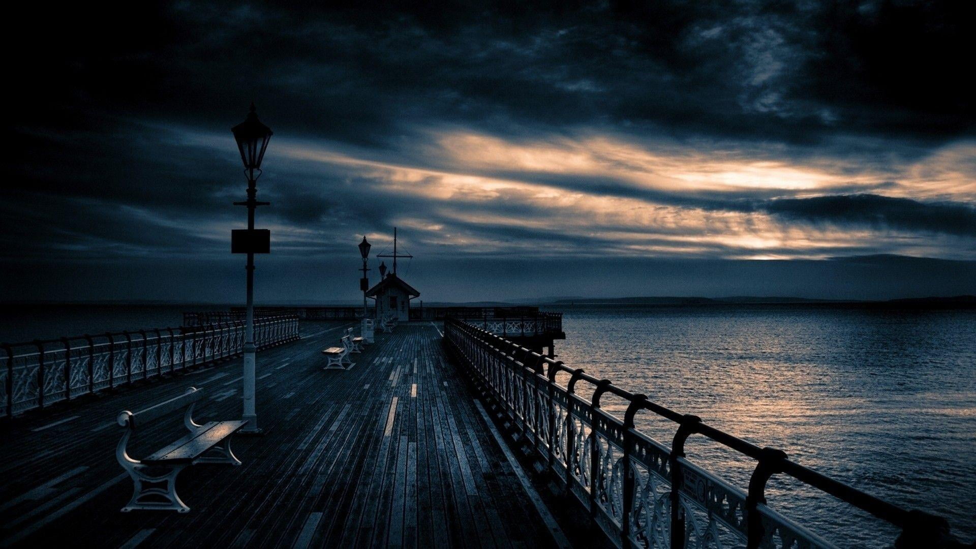 darkness, sea, sky, cloud - sky, no people, evening, dusk, the way forward, twilight, water, built structure, street light, jetty, outdoors, 1080P, horizon over water, HD Wallpaper