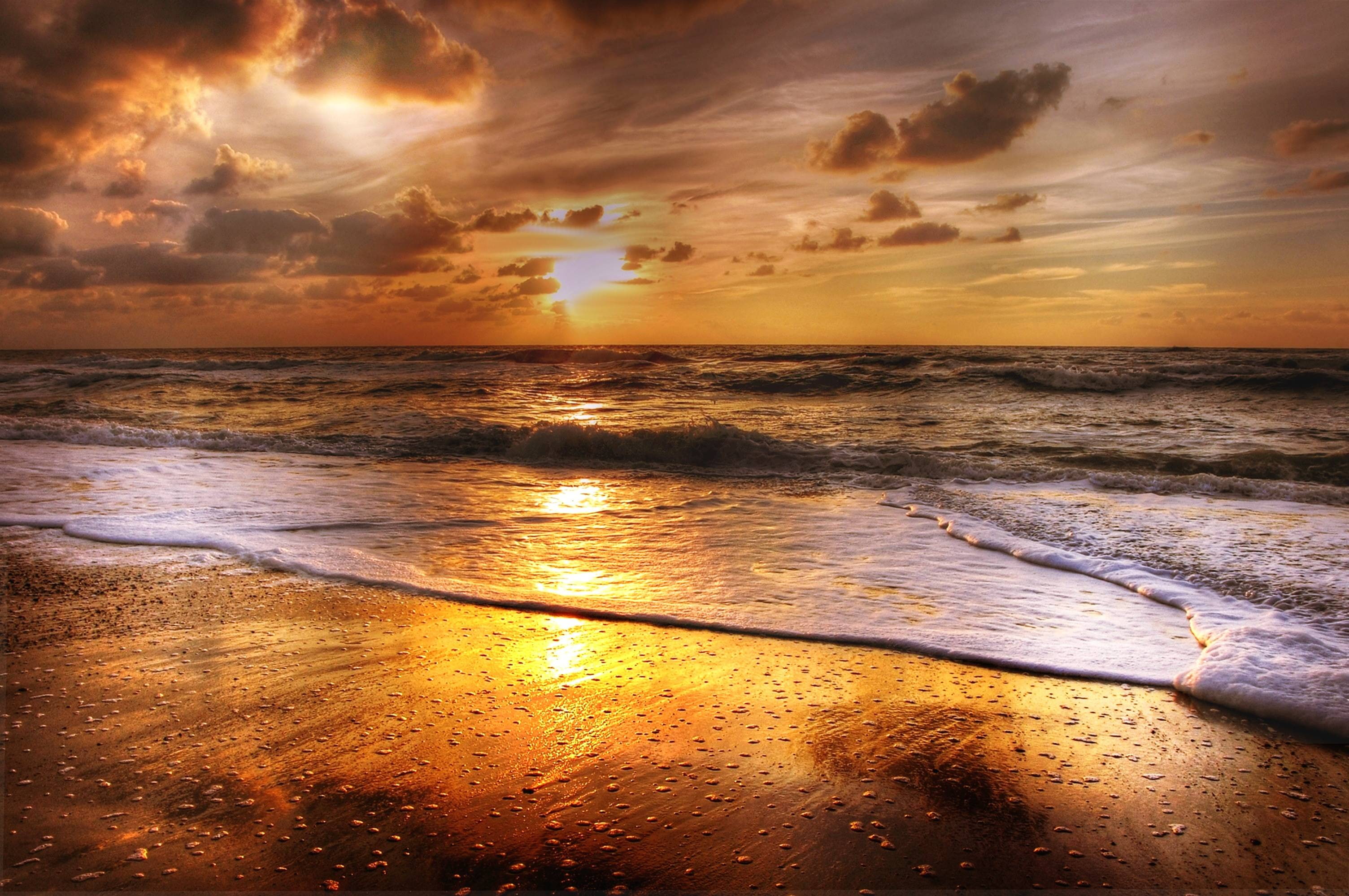 sea, beach, abendstimmung, clouds, 2K, afterglow, sunset, HD Wallpaper