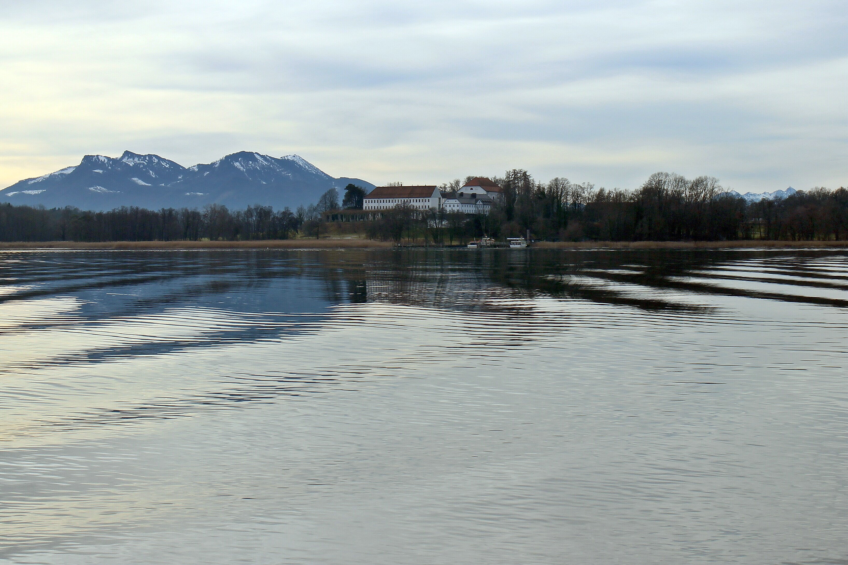 monastery, chiemsee, beauty in nature, lake, tranquility, distant, snowcapped mountain, upper bavaria, 2K, heerenchiemsee, tranquil scene, no people, winter, HD Wallpaper