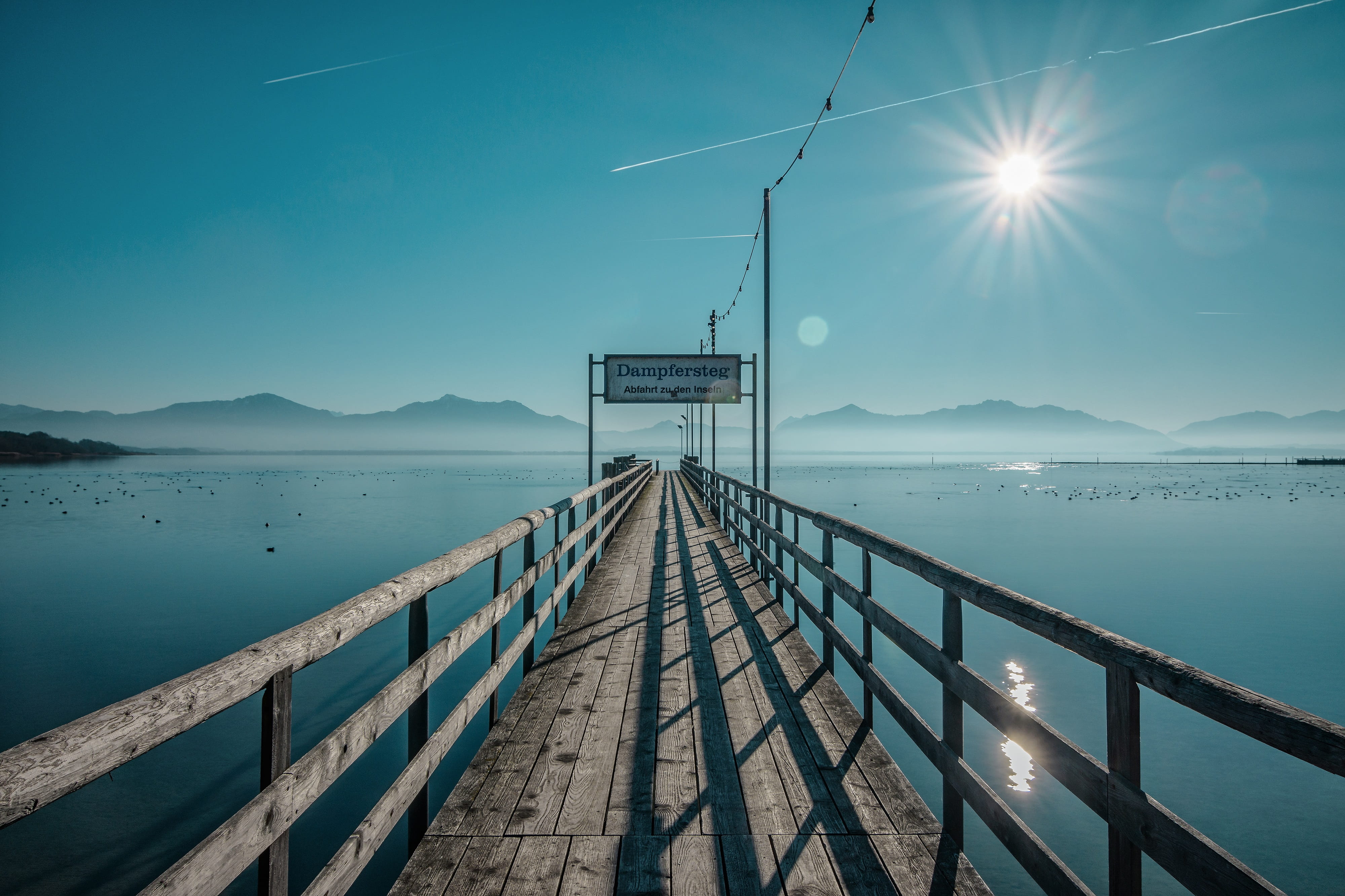 landscape, vacations, lake, scenics - nature, sunlight, no people, distant, jetty, anchorage, shipping, mountain range, outdoors, railing, chiemsee, mountain, HD Wallpaper