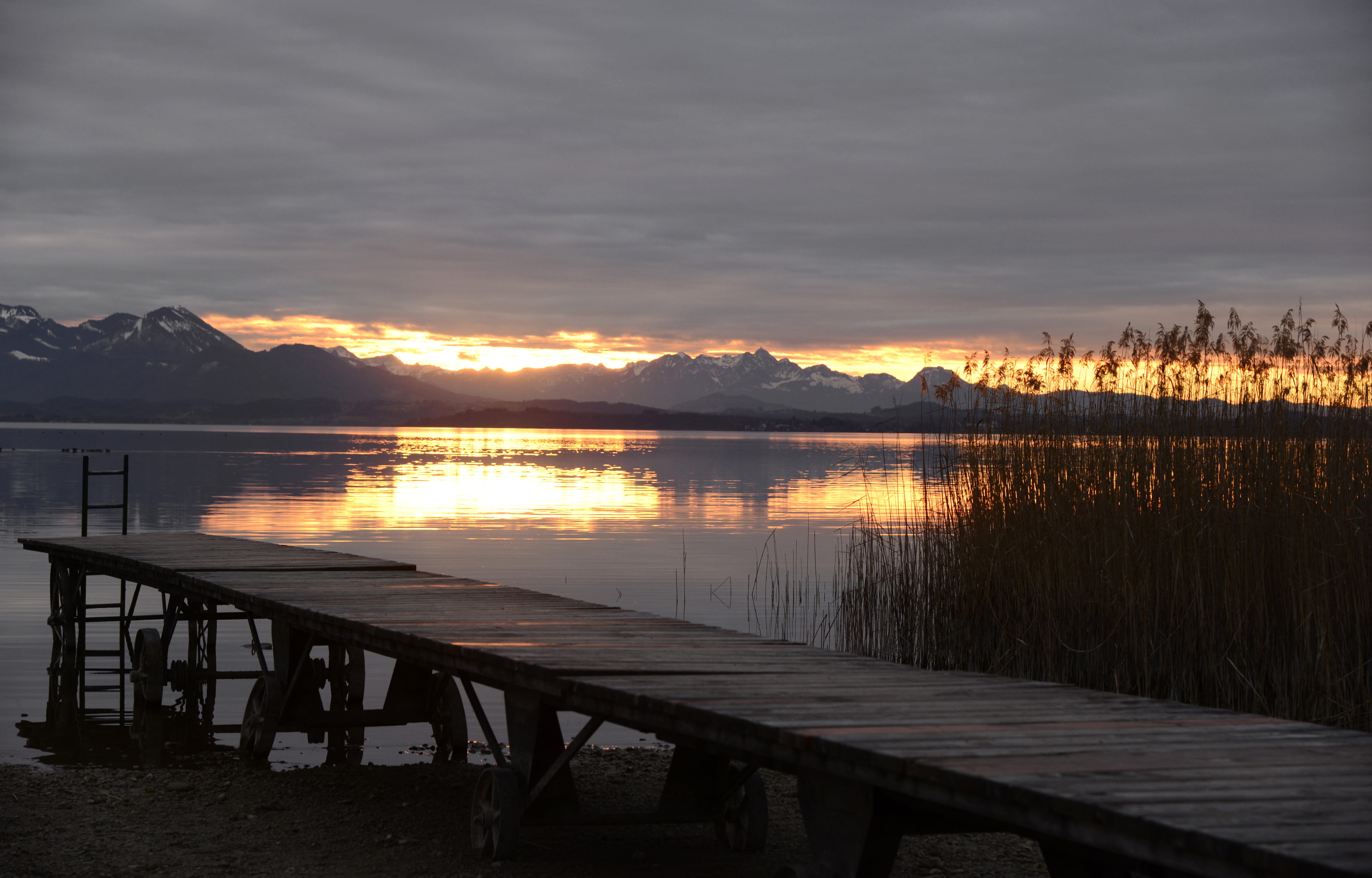 pier, no people, waters, abendstimmung, non-urban scene, nature, sunset, mountain, idyllic, cloud - sky, lake, bavaria, mood, orange color, tranquility, HD Wallpaper