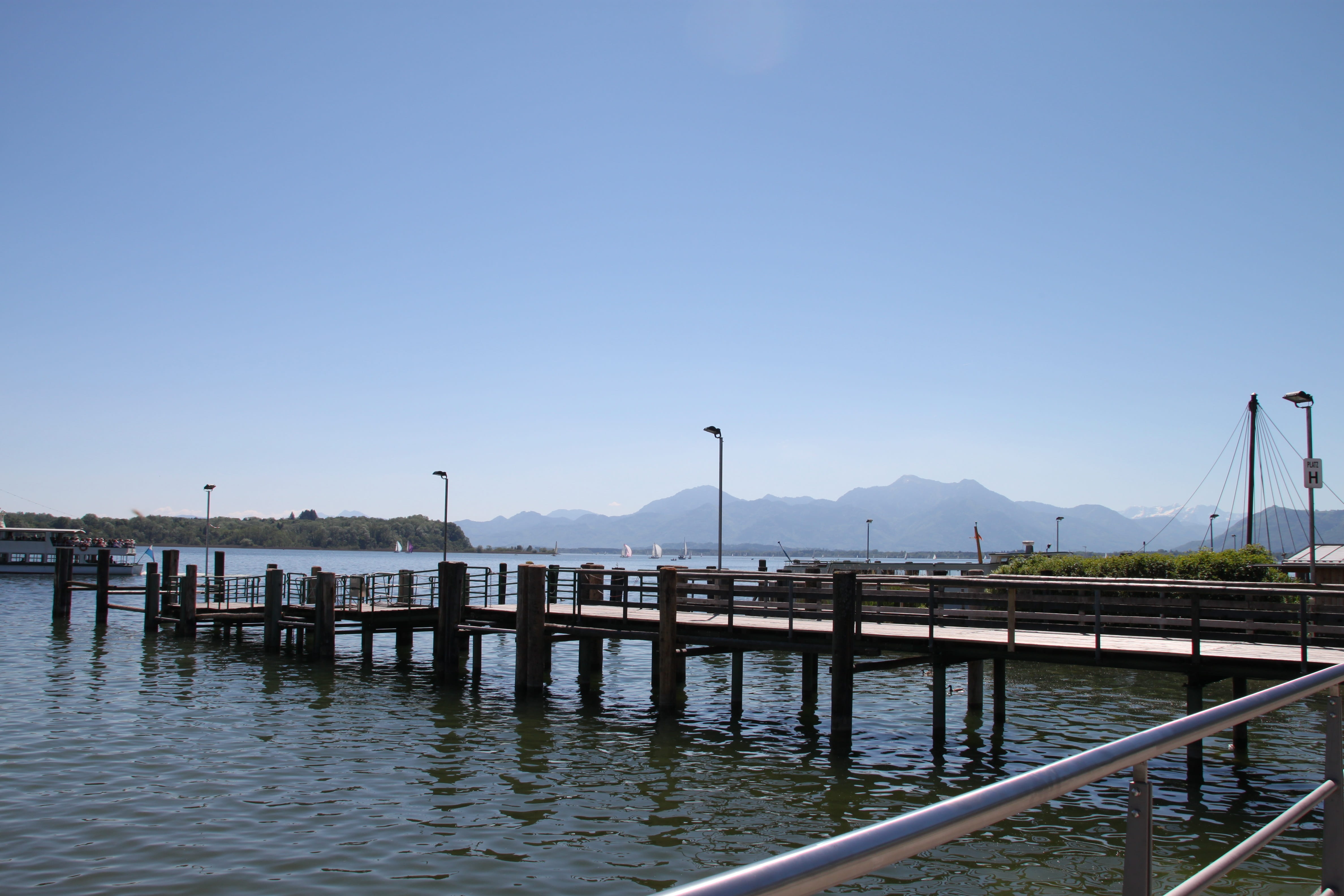 4K, beauty in nature, clear sky, pier, architecture, tranquility, harbor, Chiemsee, sea, Water, copy space, transportation, Nature, scenics - nature, sky, HD Wallpaper