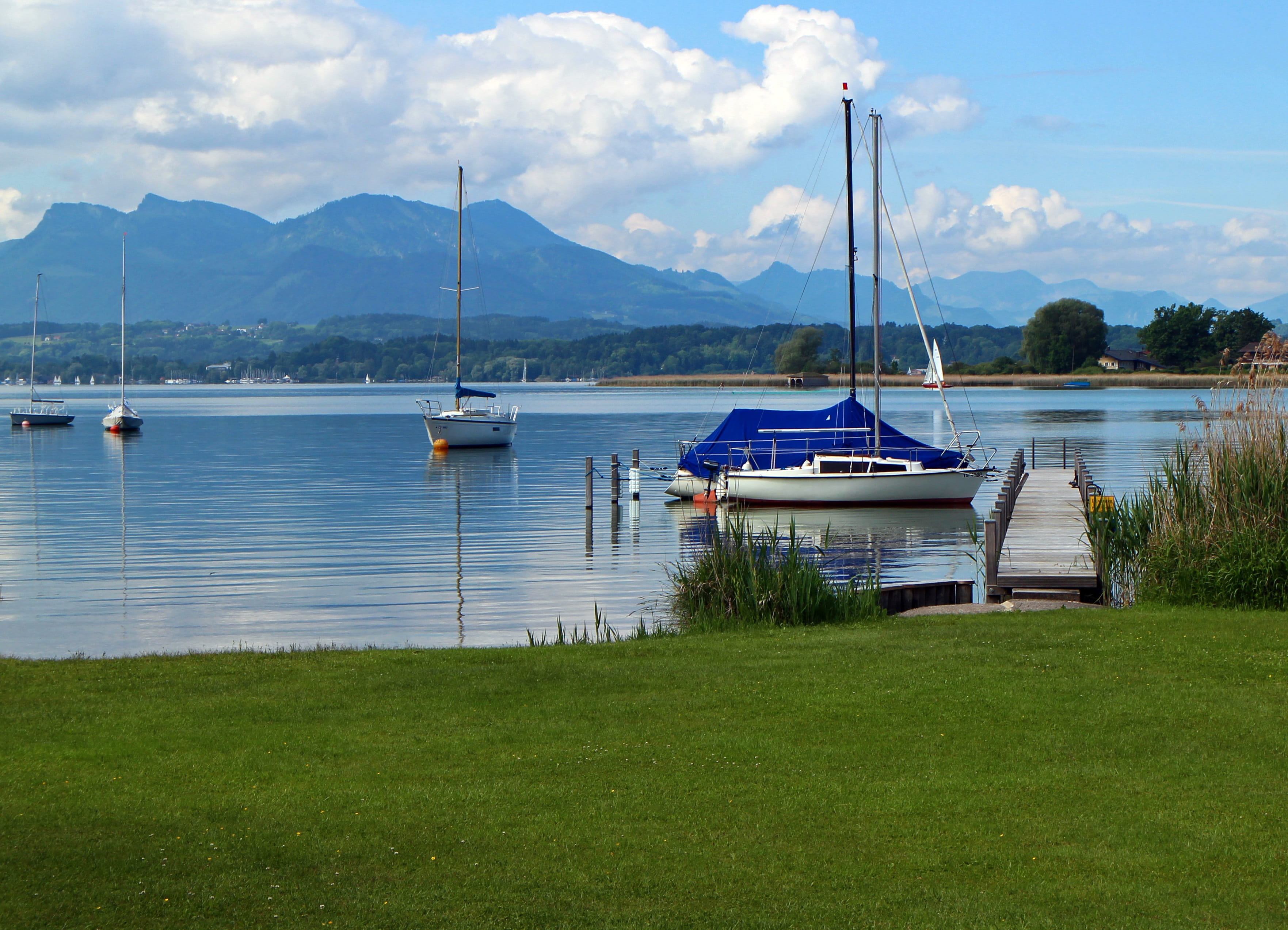 plant, boat, sky, harbor, Ships, scenics - nature, mast, outdoors, mountain, sailboat, mode of transport, summer, mode of transportation, breitbrunn, pole, HD Wallpaper