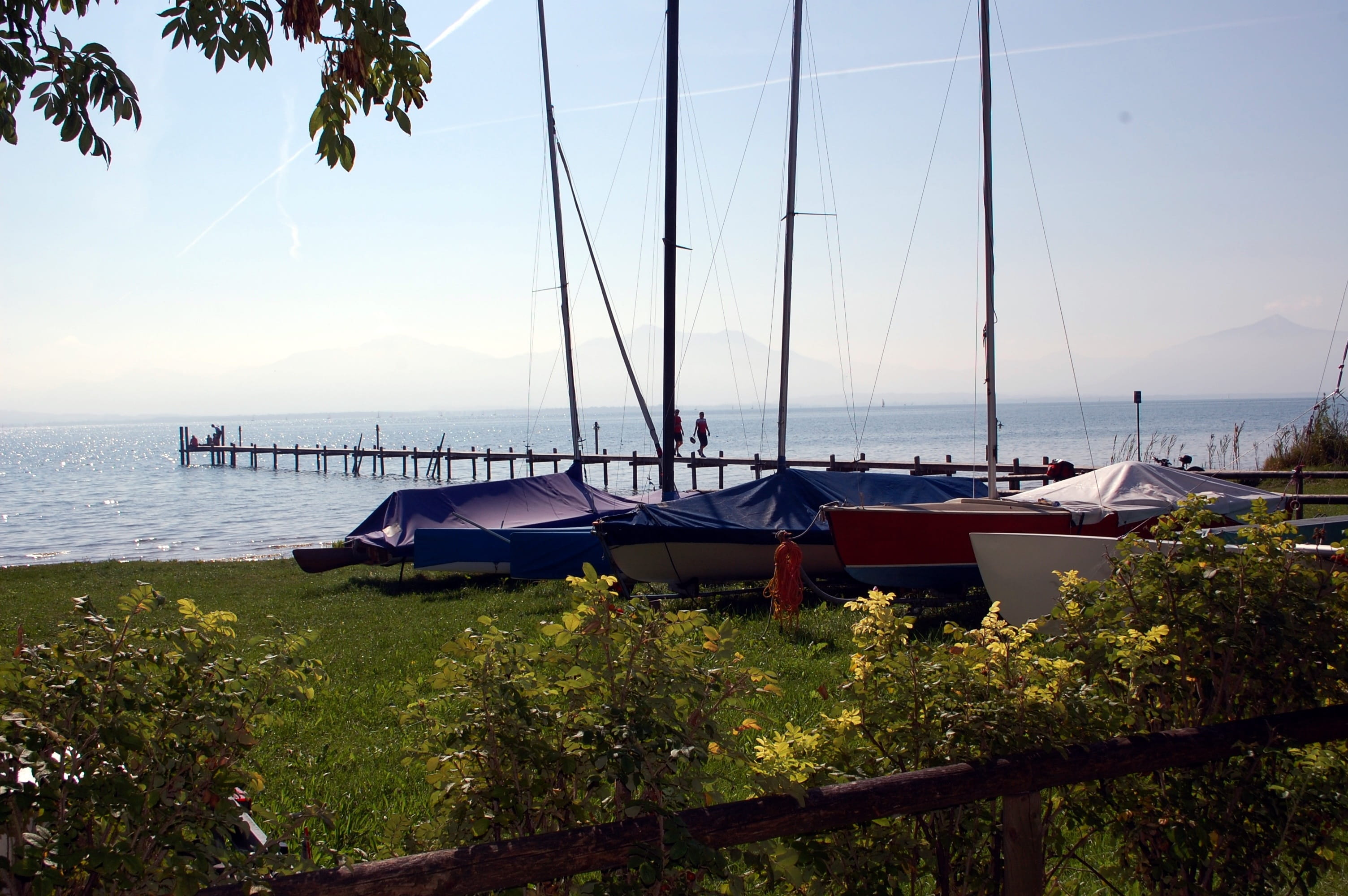 sea, transportation, chiemsee, moored, no people, sailboat, nautical vessel, tranquility, scenics - nature, boat, pier, day, sky, sea bridge, nature, coast, HD Wallpaper