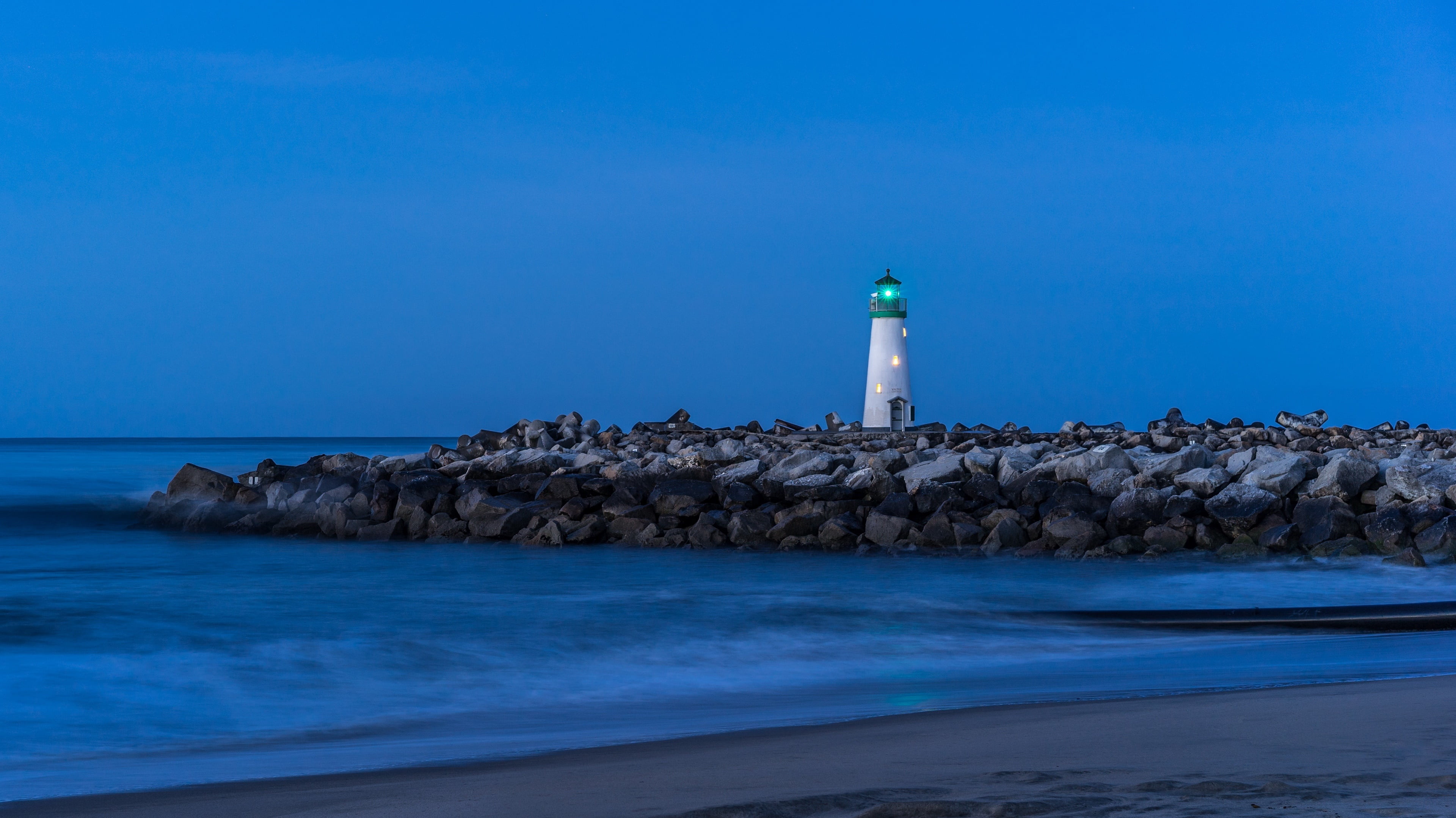 united states, evening, lighthouse, water, shore, wave, ocean, breakwater, blue landscape, headland, no people, usa, building, guidance, direction, california, HD Wallpaper