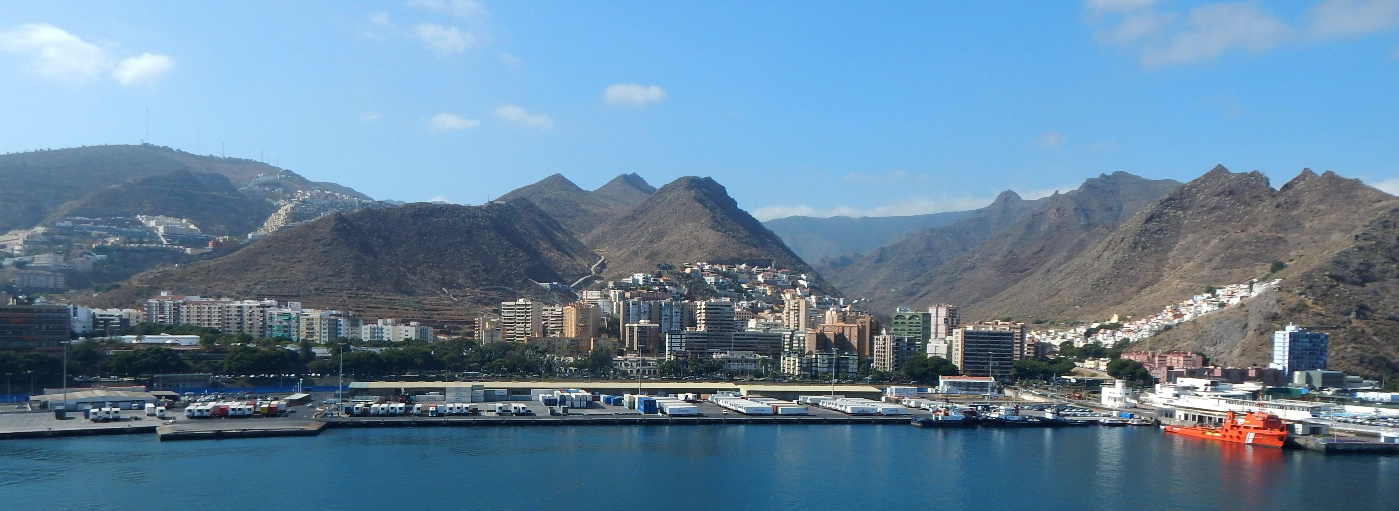 skyscraper, transportation, cityscape, building, water, canary islands, mode of transportation, outdoors, sea, santa cruz, bay, city, cloud - sky, tenerife, HD Wallpaper
