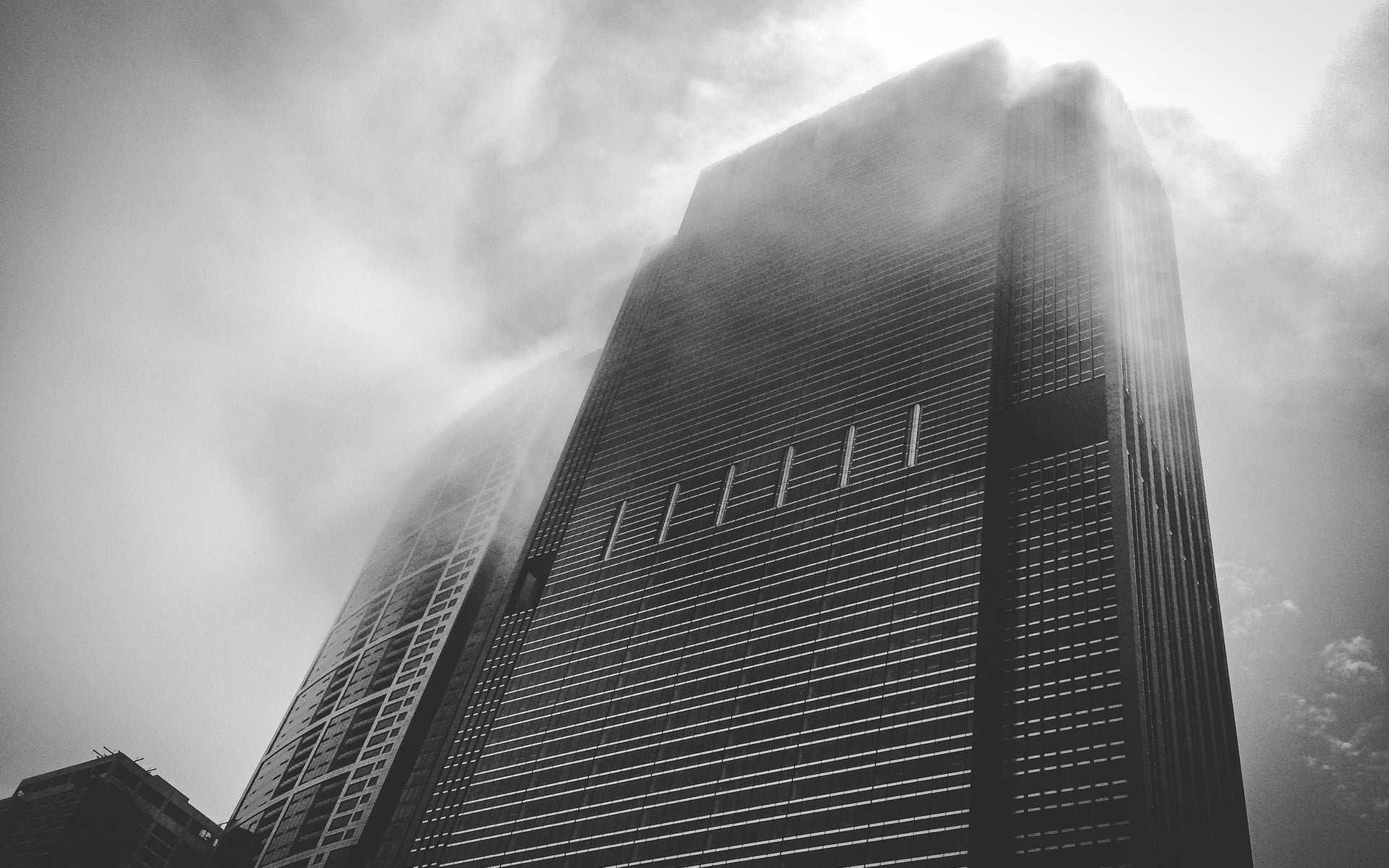 bose, low angle view, office, day, monochrome, built structure, speaker, no people, office building exterior, fog, gray, skyscraper, outdoors, cloud - sky, HD Wallpaper