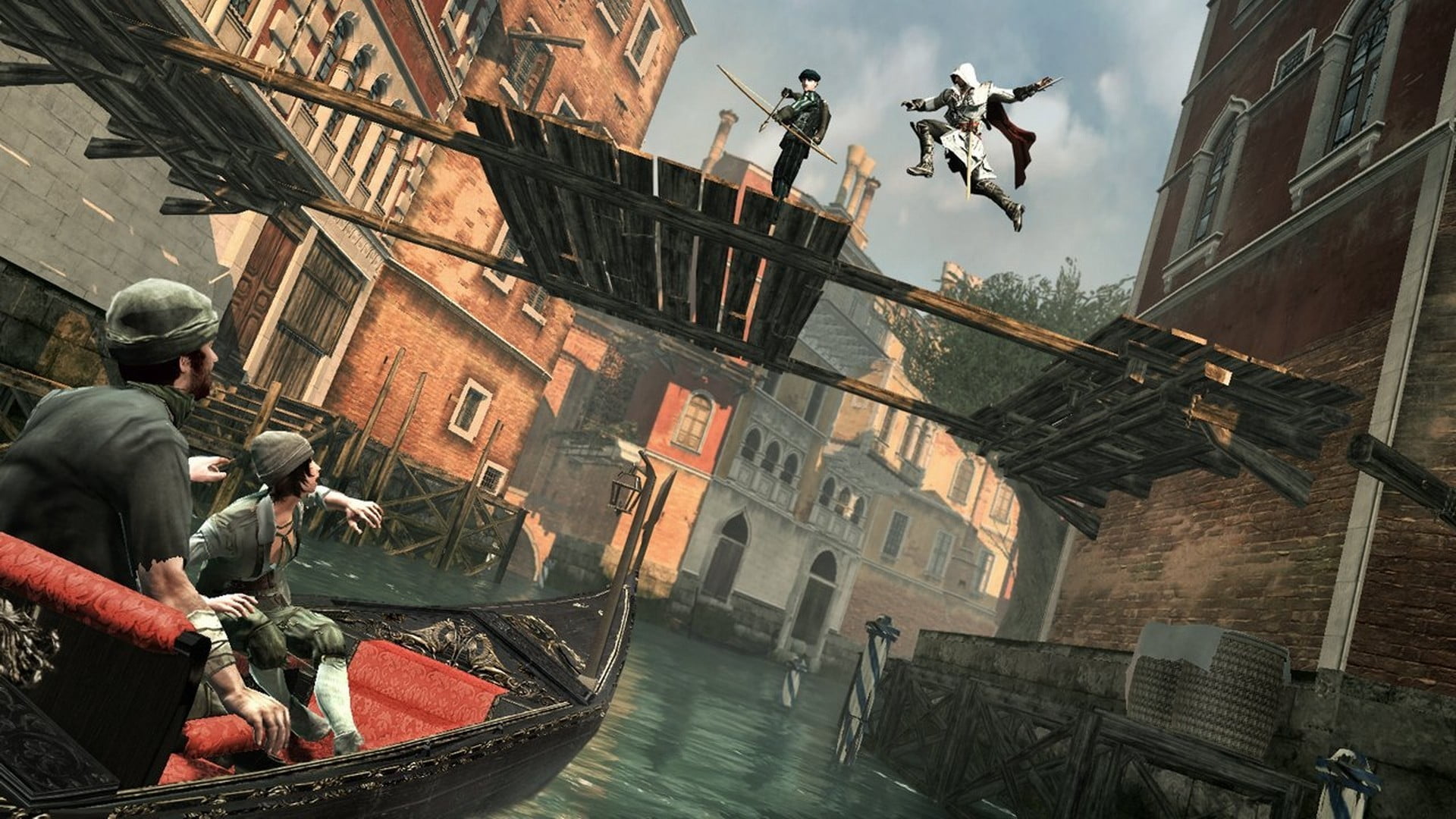 sky, architecture, working, 1080P, Assassins Creed II, group of people, nautical vessel, two, day, nature, persons, real people, city, angle, boat, video games, HD Wallpaper
