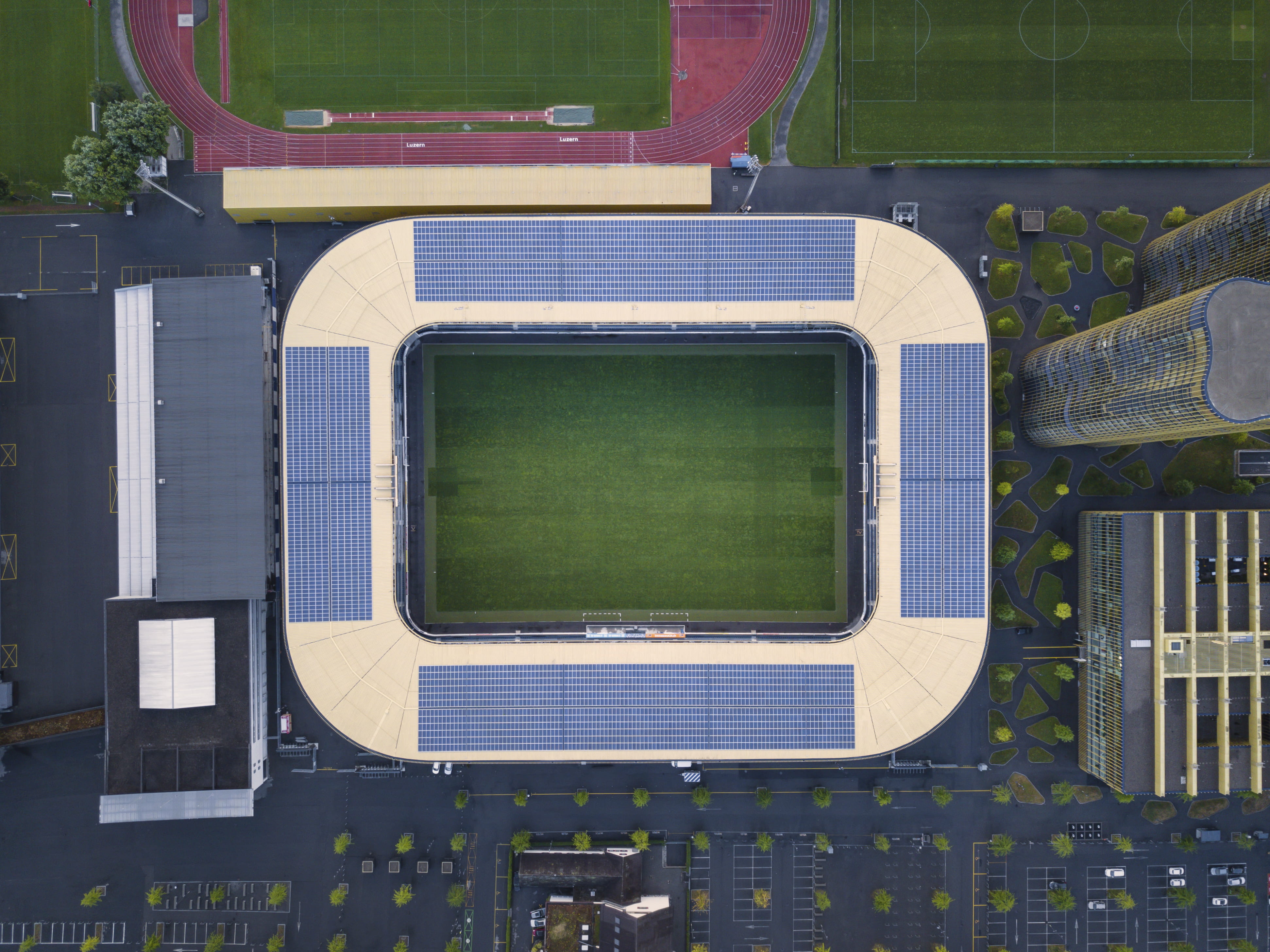 field, aerial, city, ground, directly above, no people, aerial view, areal, green color, view, grass, window, wall - building feature, football, transportation, HD Wallpaper