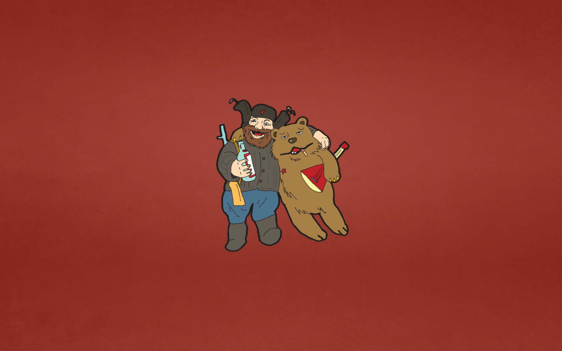 bottle, balalaika, family, clip, characters, people, the gun, food and drink, smiling, copy space, men, indoors, color Image, creativity, humor, red background, HD Wallpaper