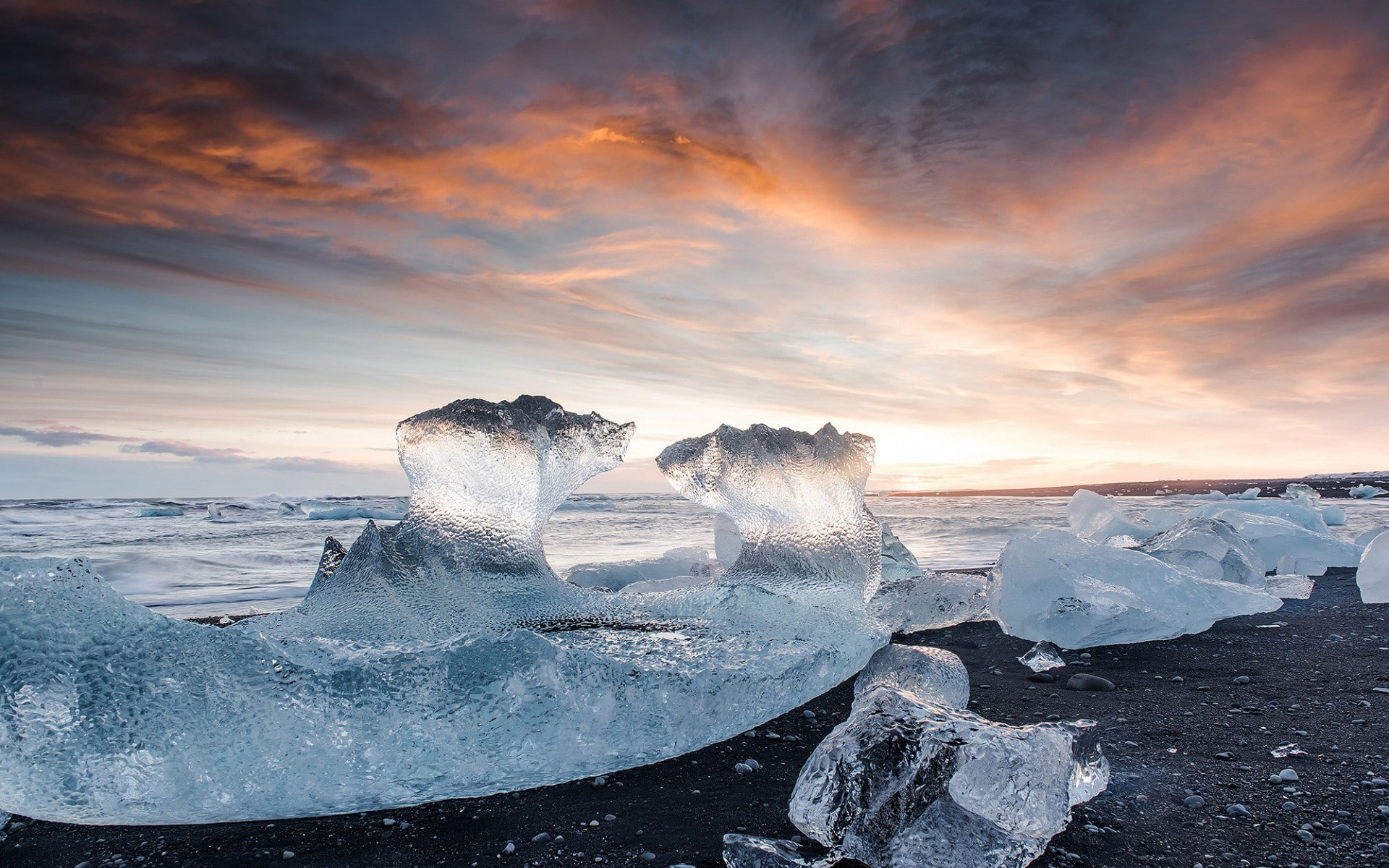 1080P, sea, beach, ice, glaciers, sunset, HD Wallpaper